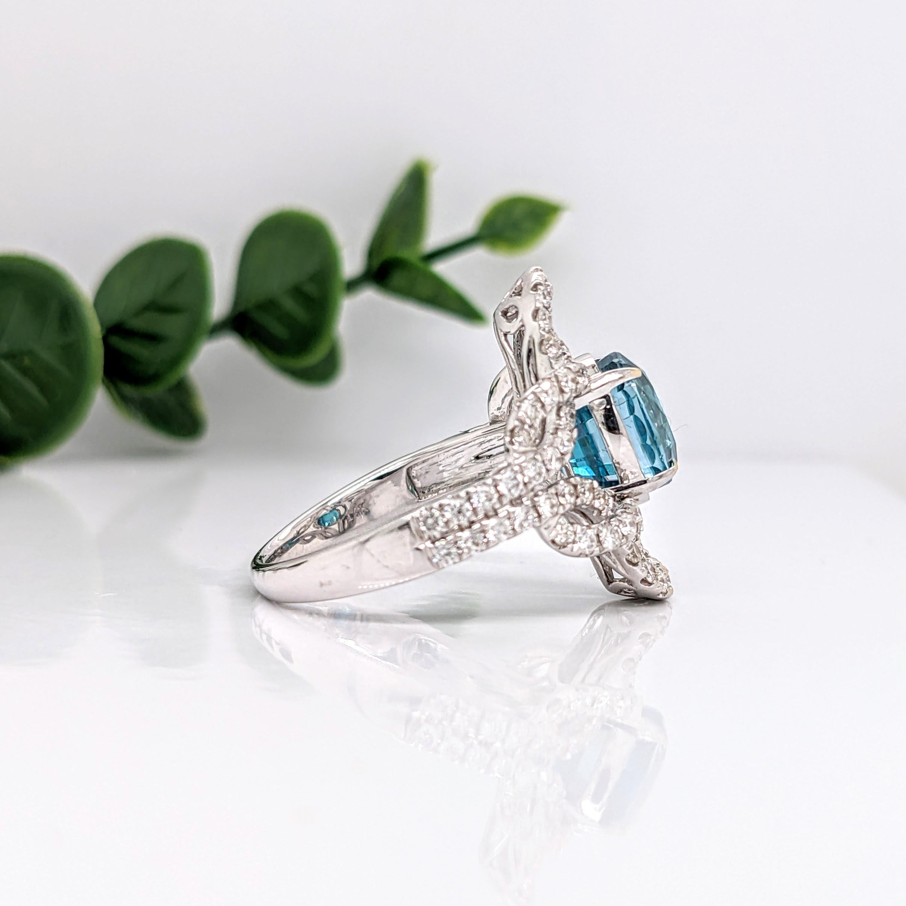 Art Nouveau 4.6ct Blue Zircon Ring w Earth Mined Diamonds in Solid 14K White Gold Oval 10x8 For Sale