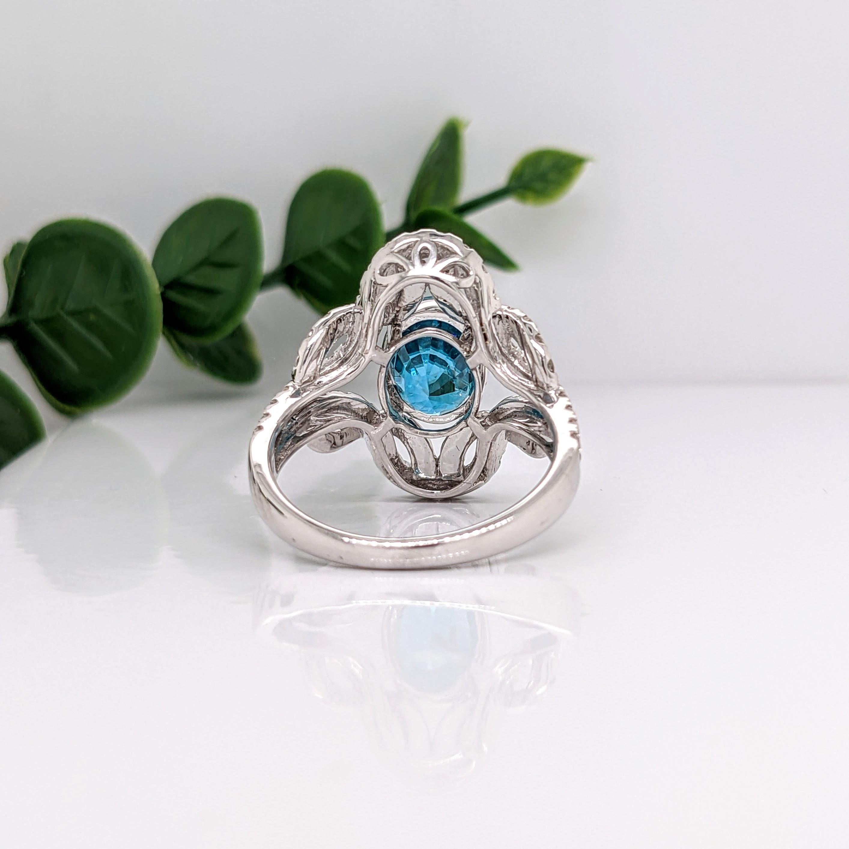 Oval Cut 4.6ct Blue Zircon Ring w Earth Mined Diamonds in Solid 14K White Gold Oval 10x8 For Sale
