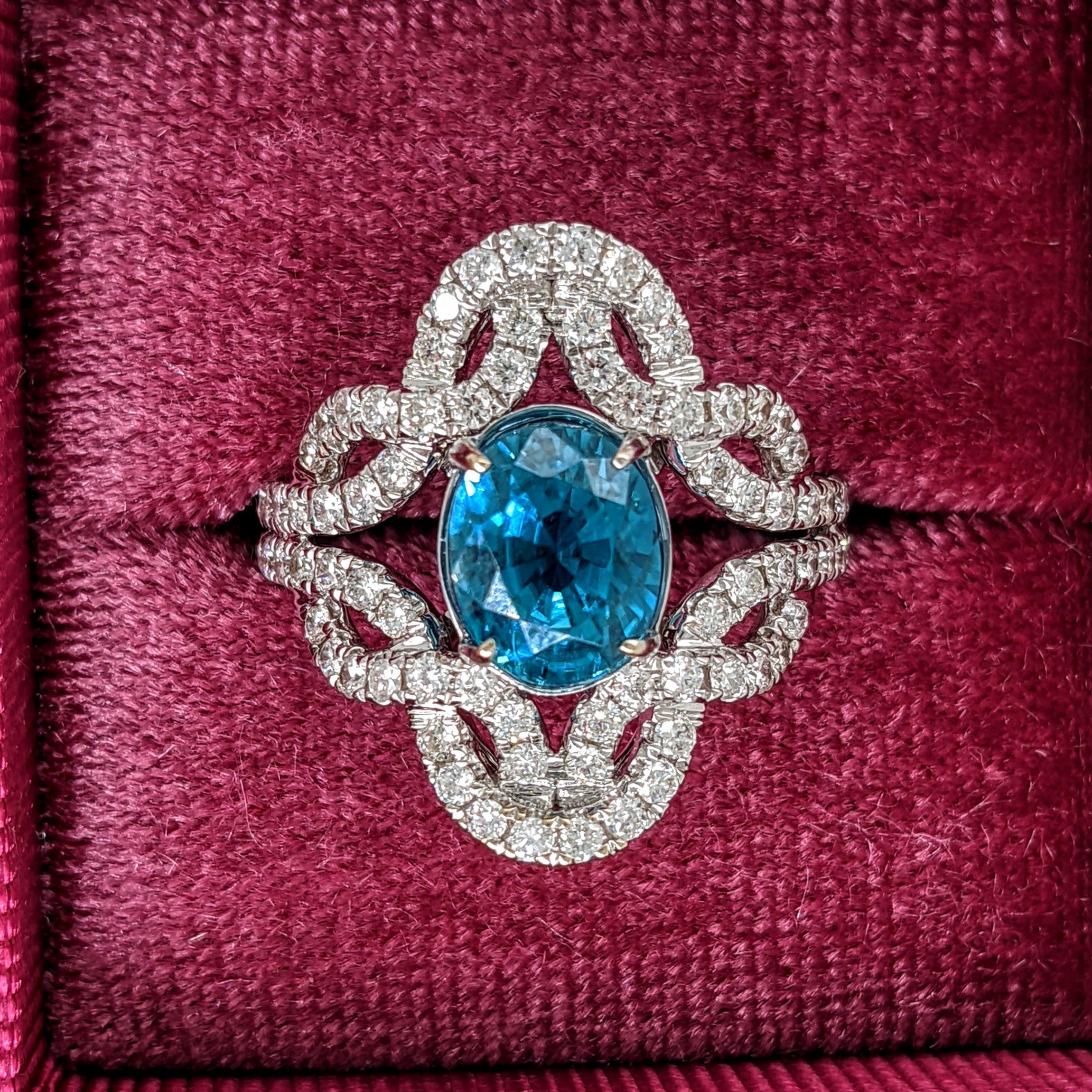 4.6ct Blue Zircon Ring w Earth Mined Diamonds in Solid 14K White Gold Oval 10x8 In New Condition For Sale In Columbus, OH
