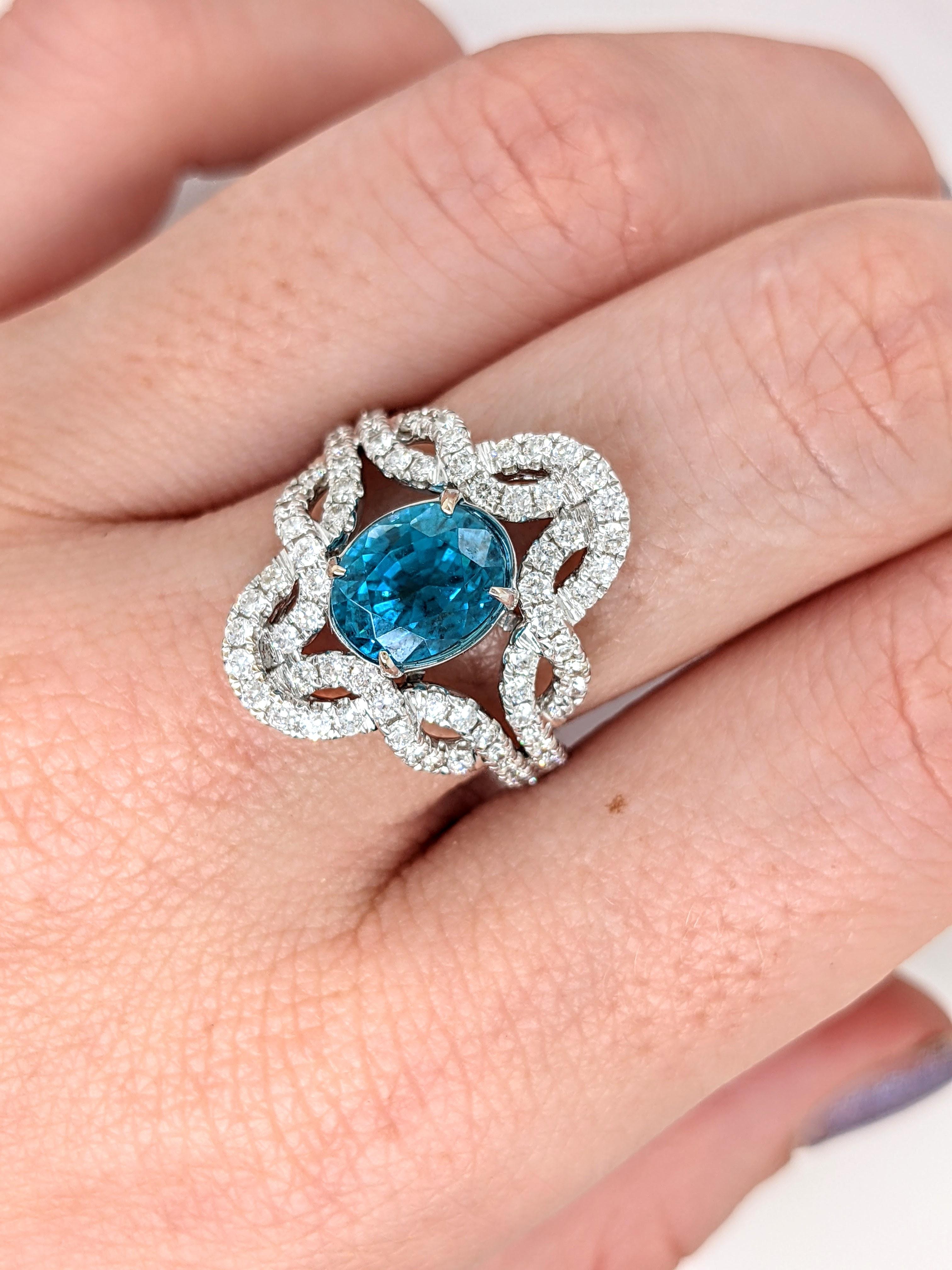 4.6ct Blue Zircon Ring w Earth Mined Diamonds in Solid 14K White Gold Oval 10x8 For Sale 1