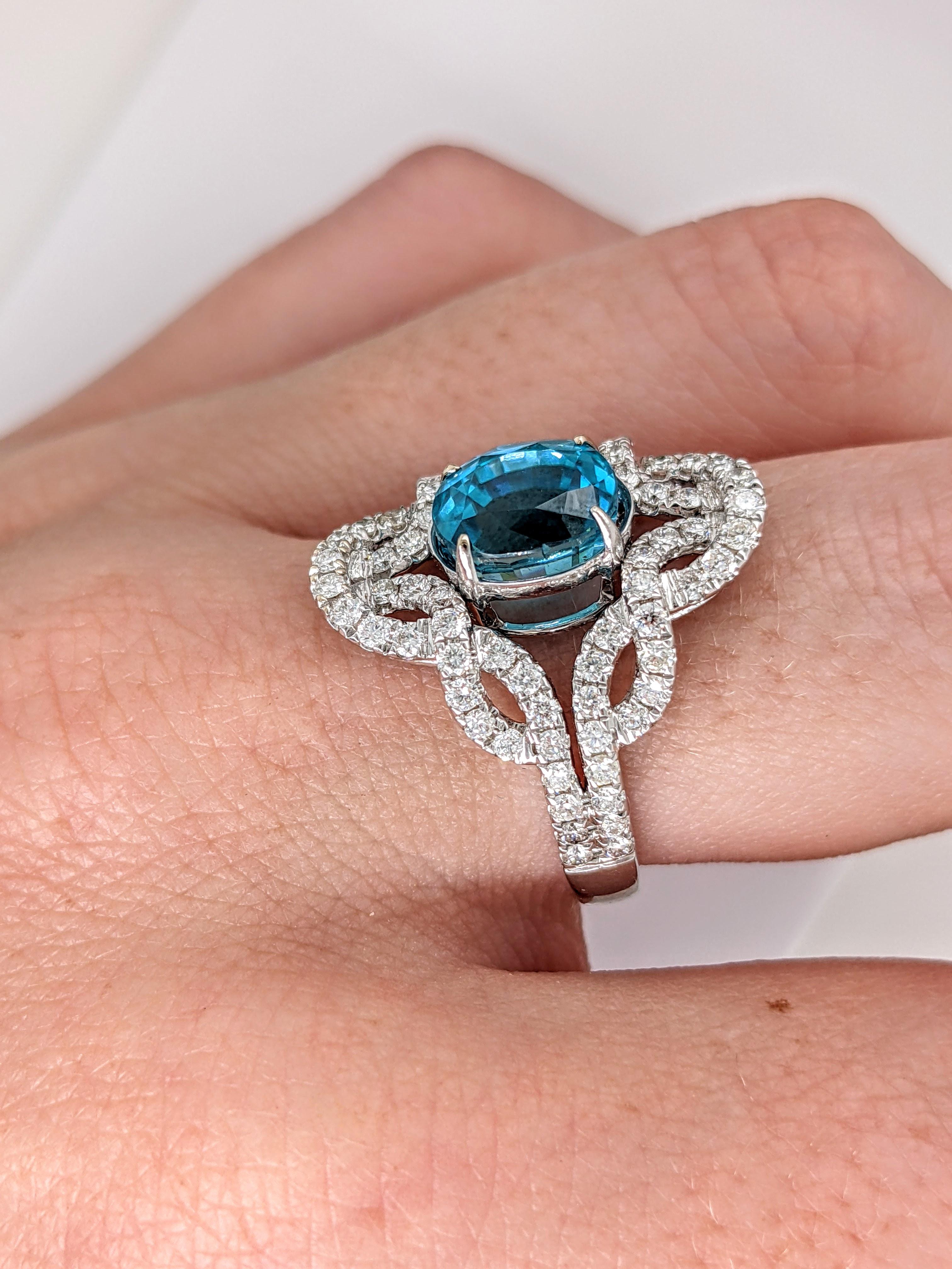 4.6ct Blue Zircon Ring w Earth Mined Diamonds in Solid 14K White Gold Oval 10x8 For Sale 2