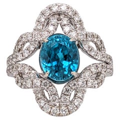 4.6ct Blue Zircon Ring in 14K Gold w Natural Diamond Accents  Intricate Pavé