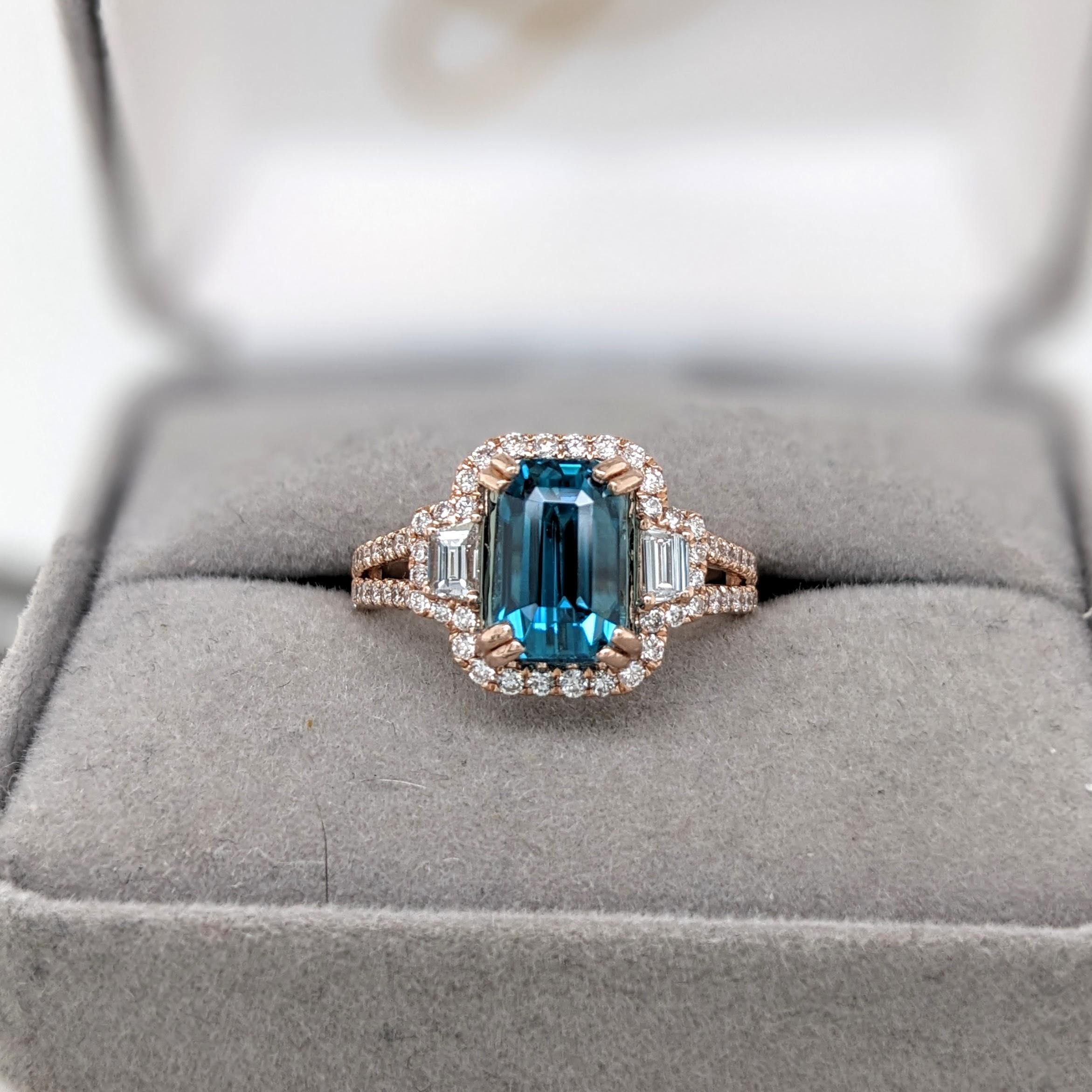 Emerald Cut 4.6ct Blue Zircon Ring w Earth Mined Diamonds in Solid 14K Dual Tone Gold EM 9x7
