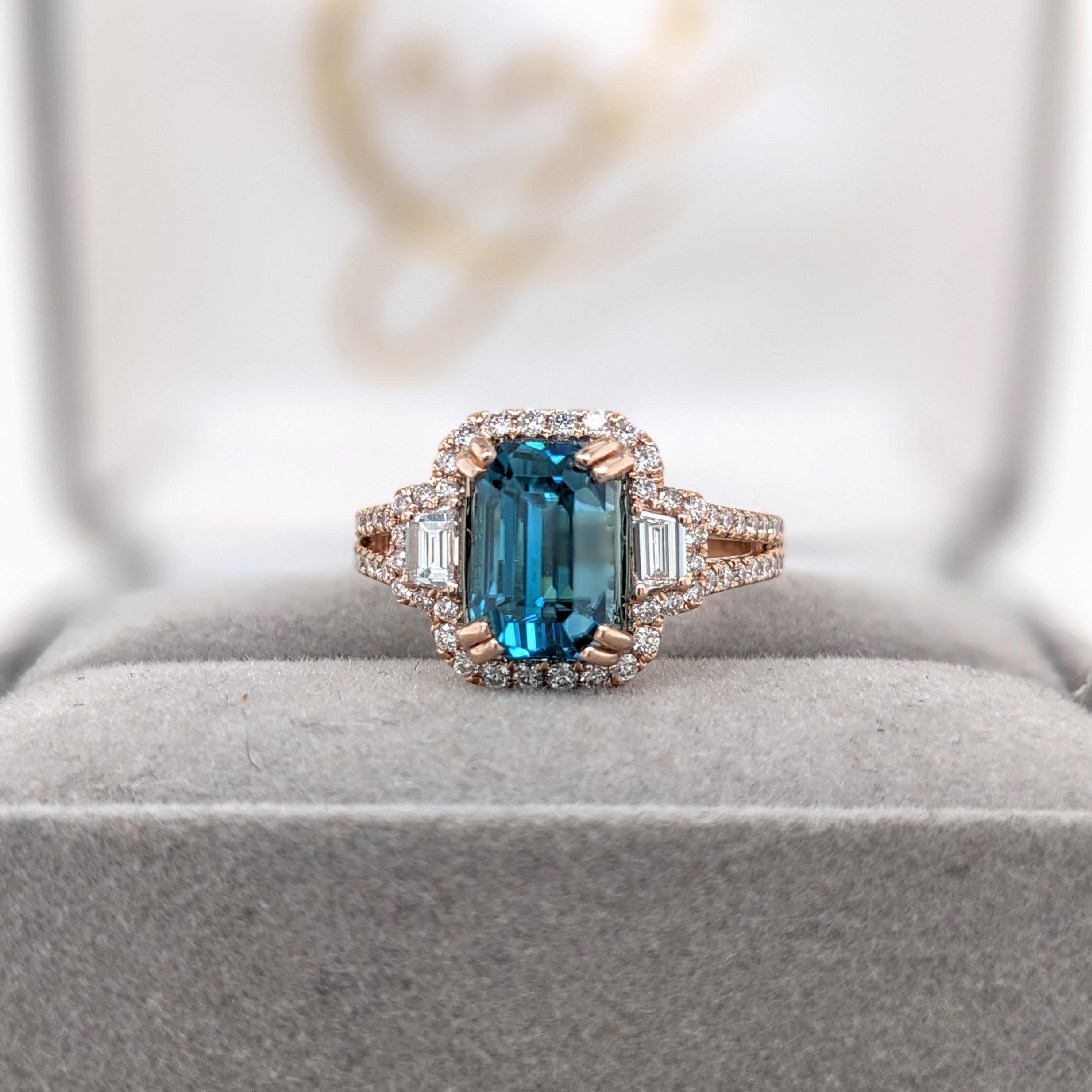 4.6ct Blue Zircon Ring w Earth Mined Diamonds in Solid 14K Dual Tone Gold EM 9x7 3