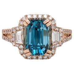 4.6ct Blue Zircon Ring w Earth Mined Diamonds in Solid 14K Dual Tone Gold EM 9x7