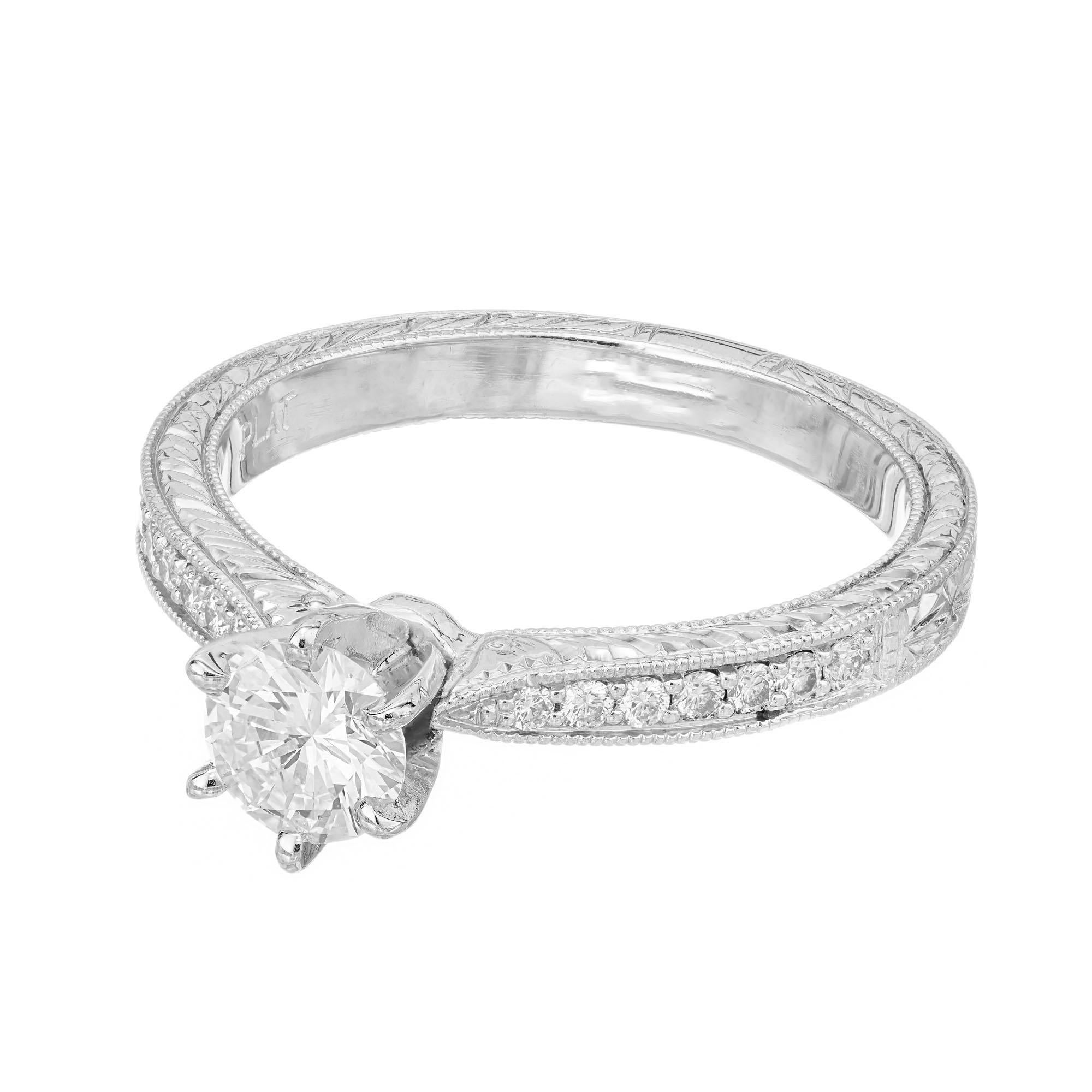 Round Cut .46ct Diamond Platinum Hand Engraved Pave Set Engagement Ring For Sale