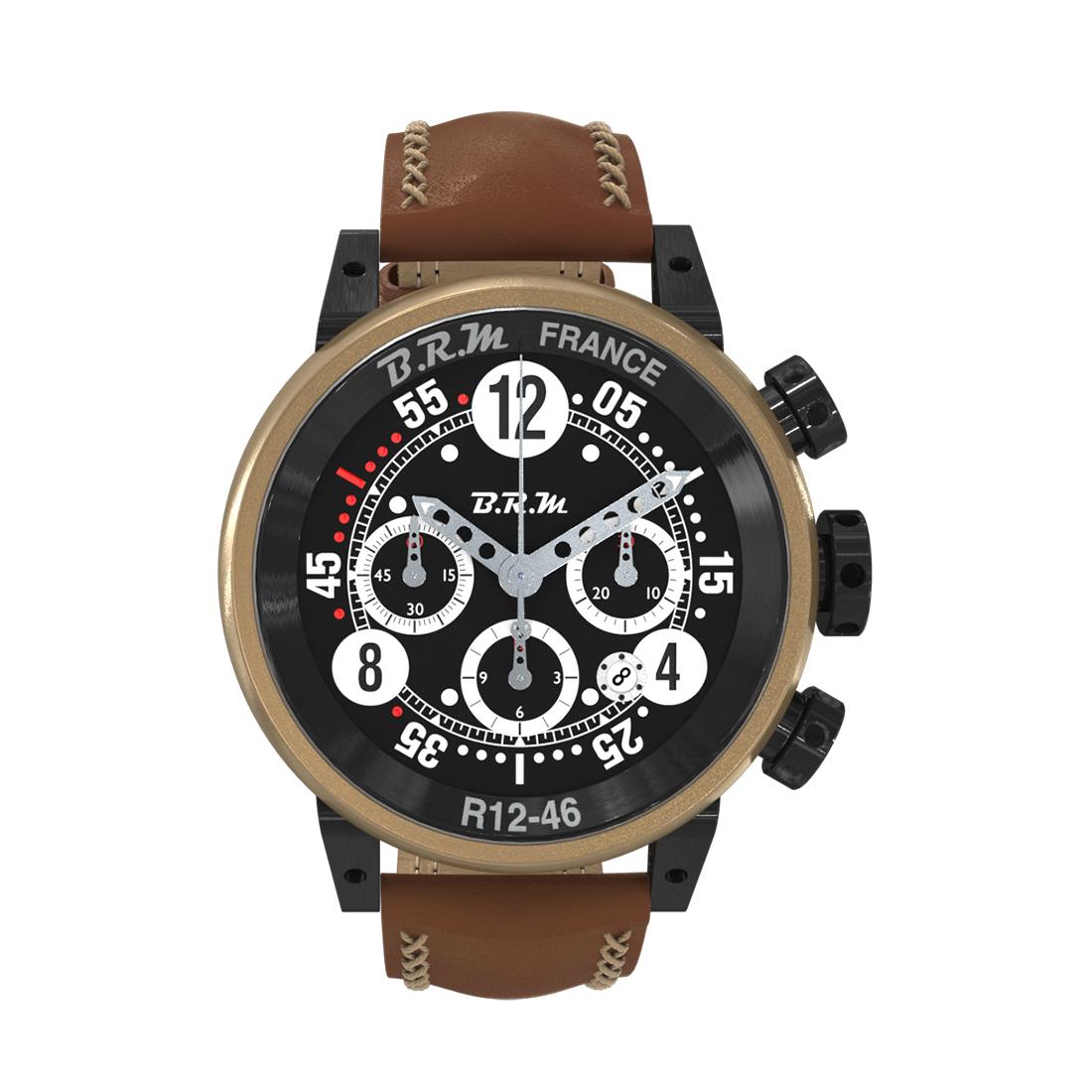 Ce chronographe R12-46-AG avec boîtier en bronze et cornes, poussoirs et couronne en PVD noir est le garde-temps indispensable pour compléter votre look sport chic cet automne.
Le boîtier de 46 mm de diamètre et le bracelet en cuir naturel avec