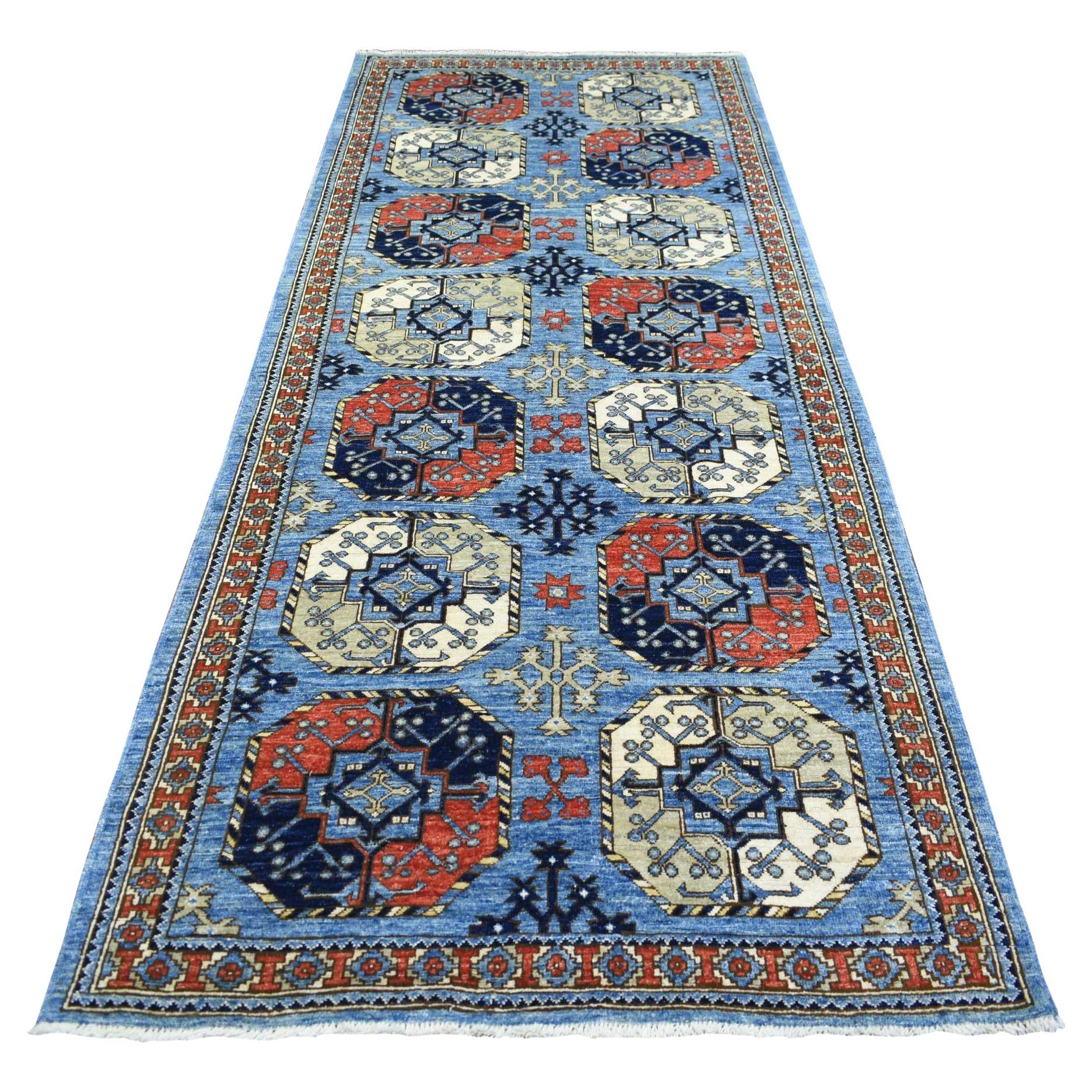 4'6 "x10' Blauer, dicht gewebter, handgeknüpfter afghanischer Ersari Teppich aus weicher Wolle