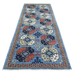 4'6 "x10' Blauer, dicht gewebter, handgeknüpfter afghanischer Ersari Teppich aus weicher Wolle