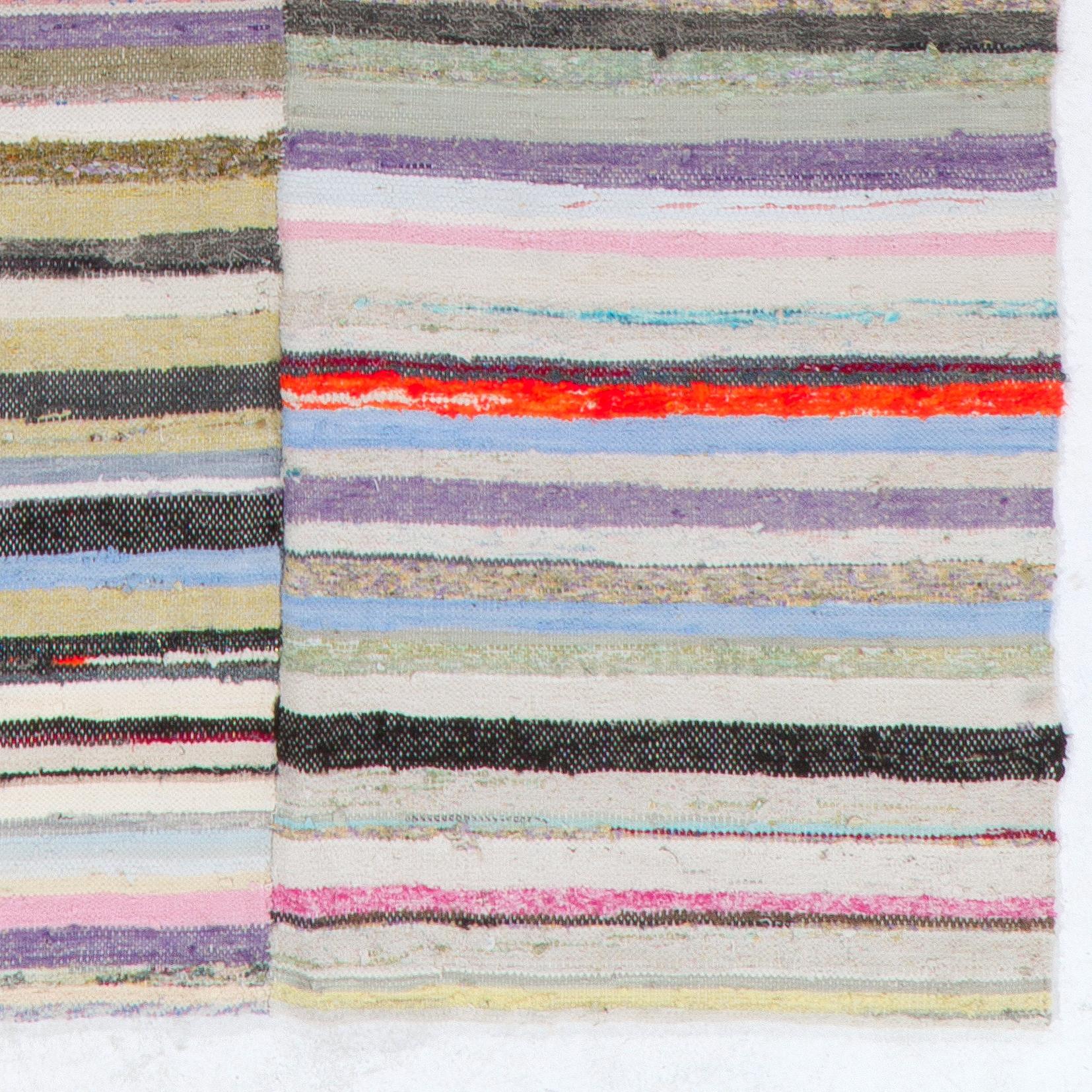 Tessuto a mano Rug & Kilim in cotone a bande colorate, 4.6x10 Ft, regolabile, a trama piatta in vendita