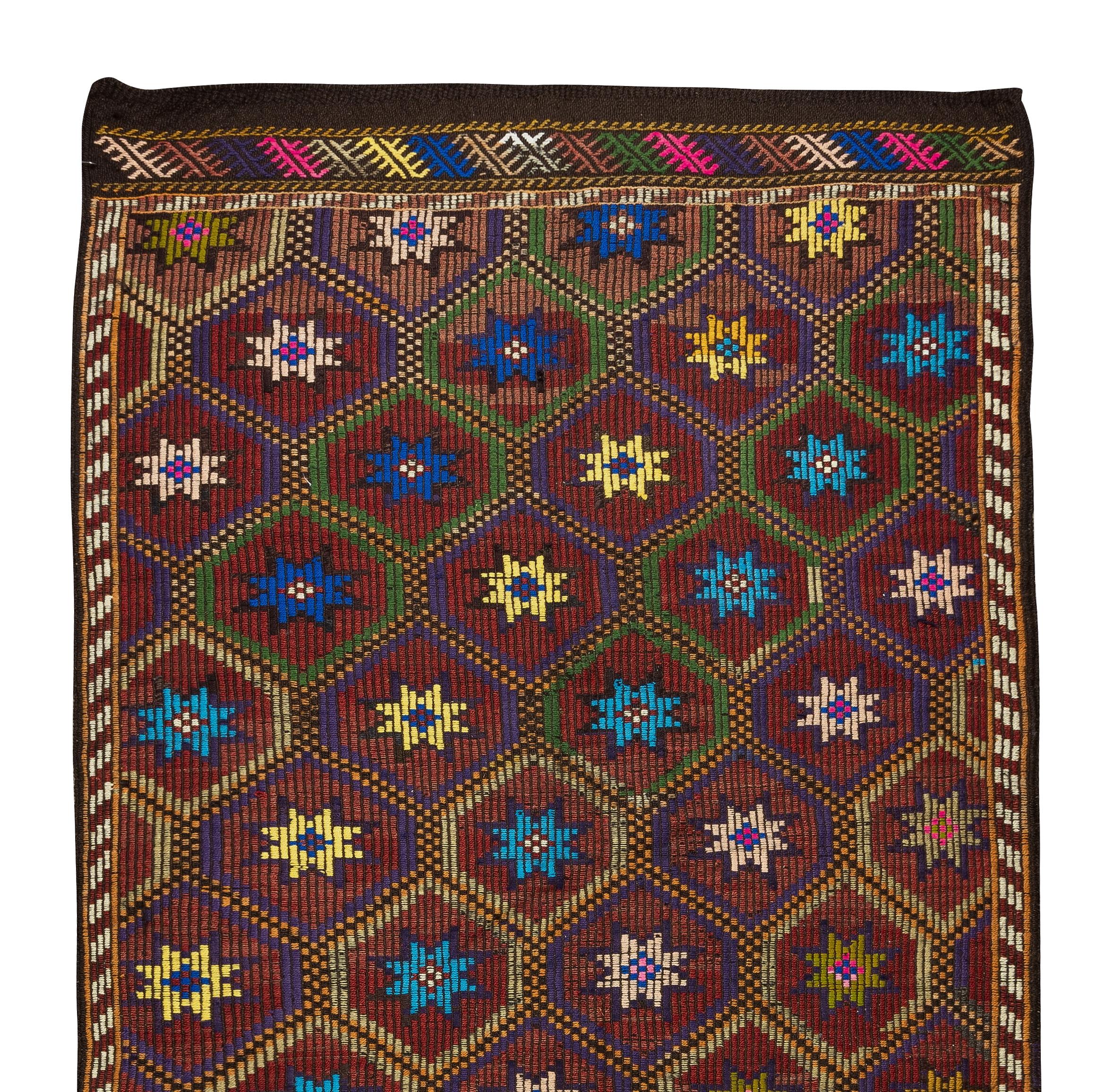 4,6x10.4 Ft Handgefertigter türkischer farbenfroher Jajim-Kelim-Teppich mit Blumenmuster (Handgewebt) im Angebot