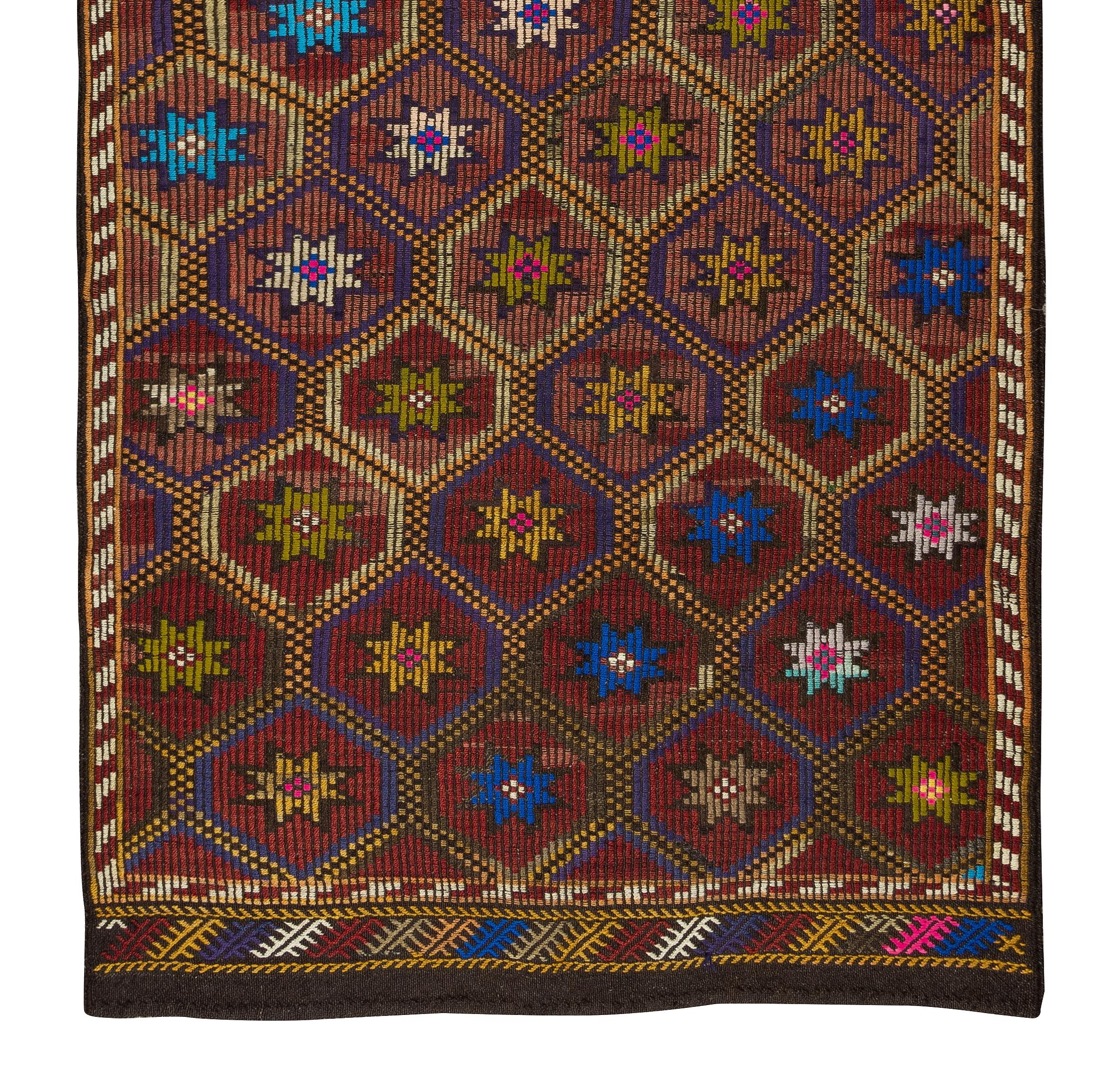 20th Century 4.6x10.4 Ft Handmade Vintage Turkish Colorful Jajim Kilim, Floral Pattern Rug For Sale