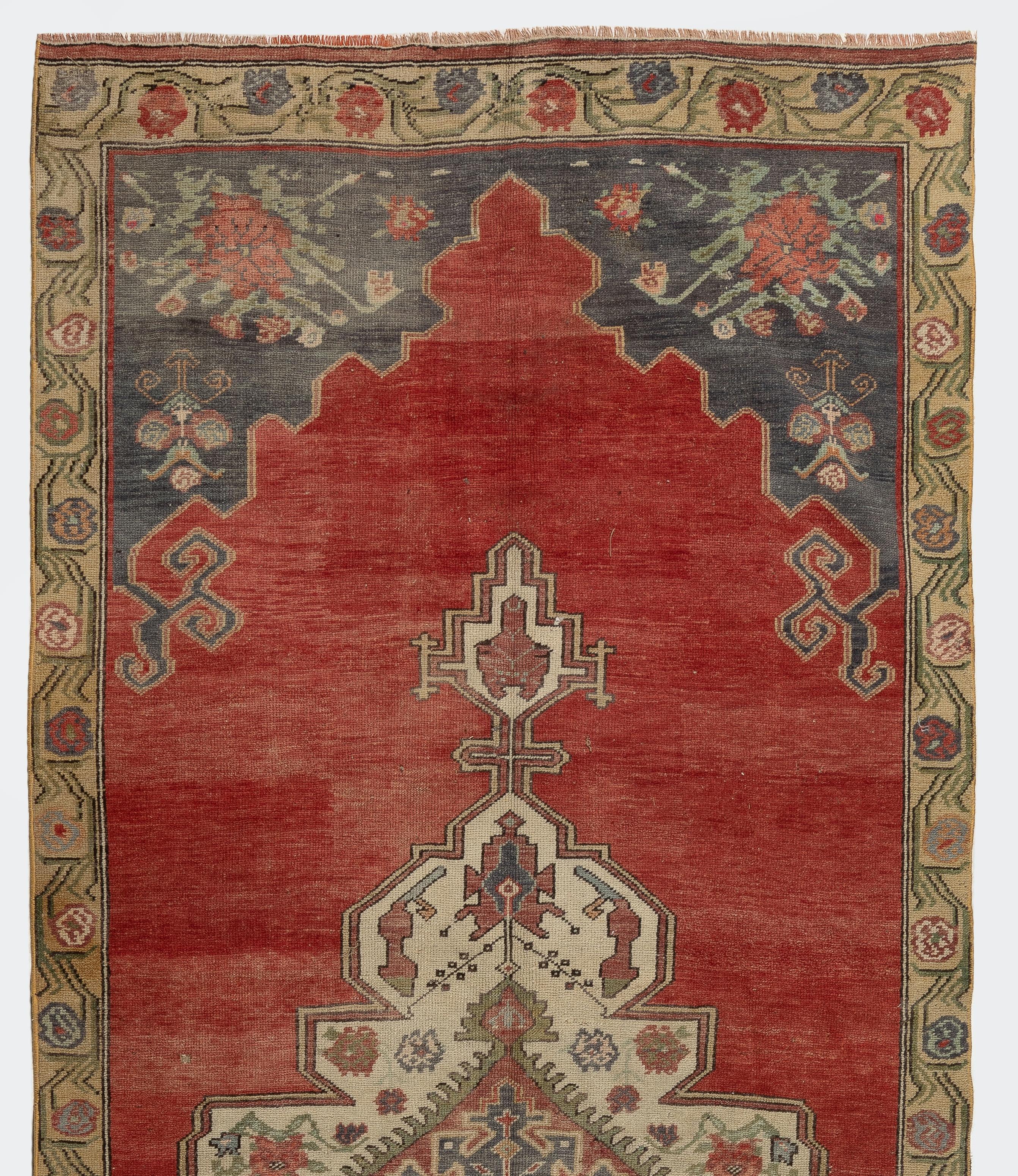 Turkish 4.6x11 Ft Vintage Handmade Central Anatolian Rug, Traditional Wool Carpet in Red For Sale