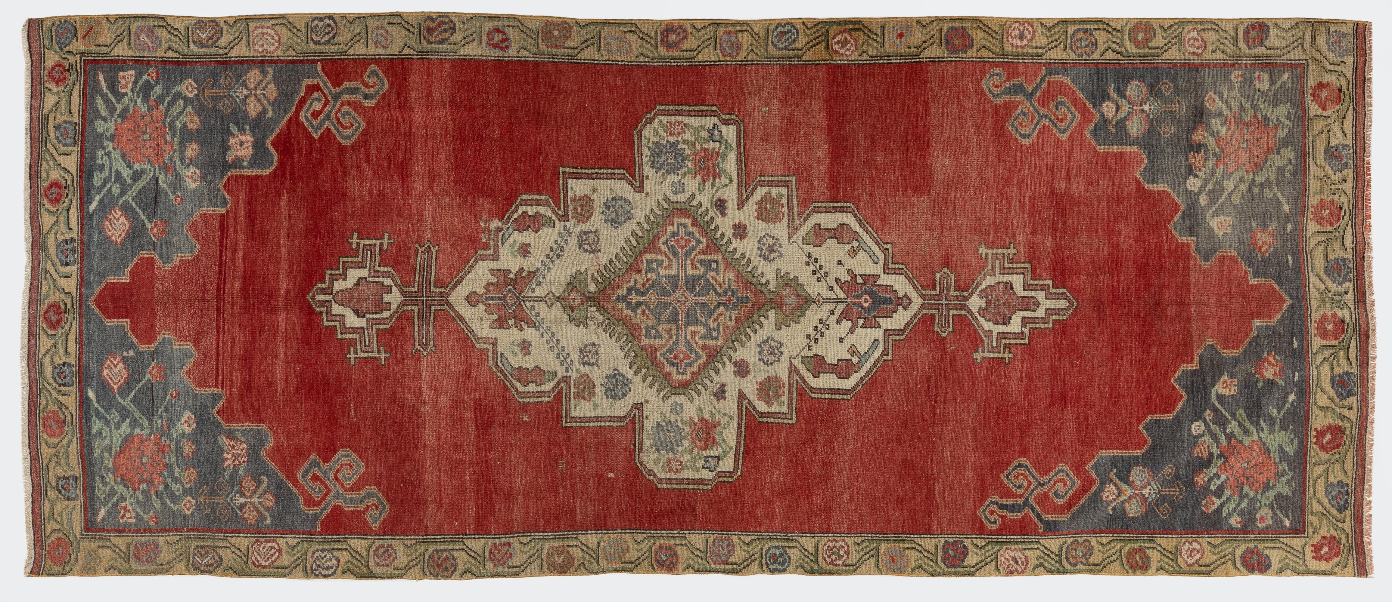 Hand-Knotted 4.6x11 Ft Vintage Handmade Central Anatolian Rug, Traditional Wool Carpet in Red For Sale