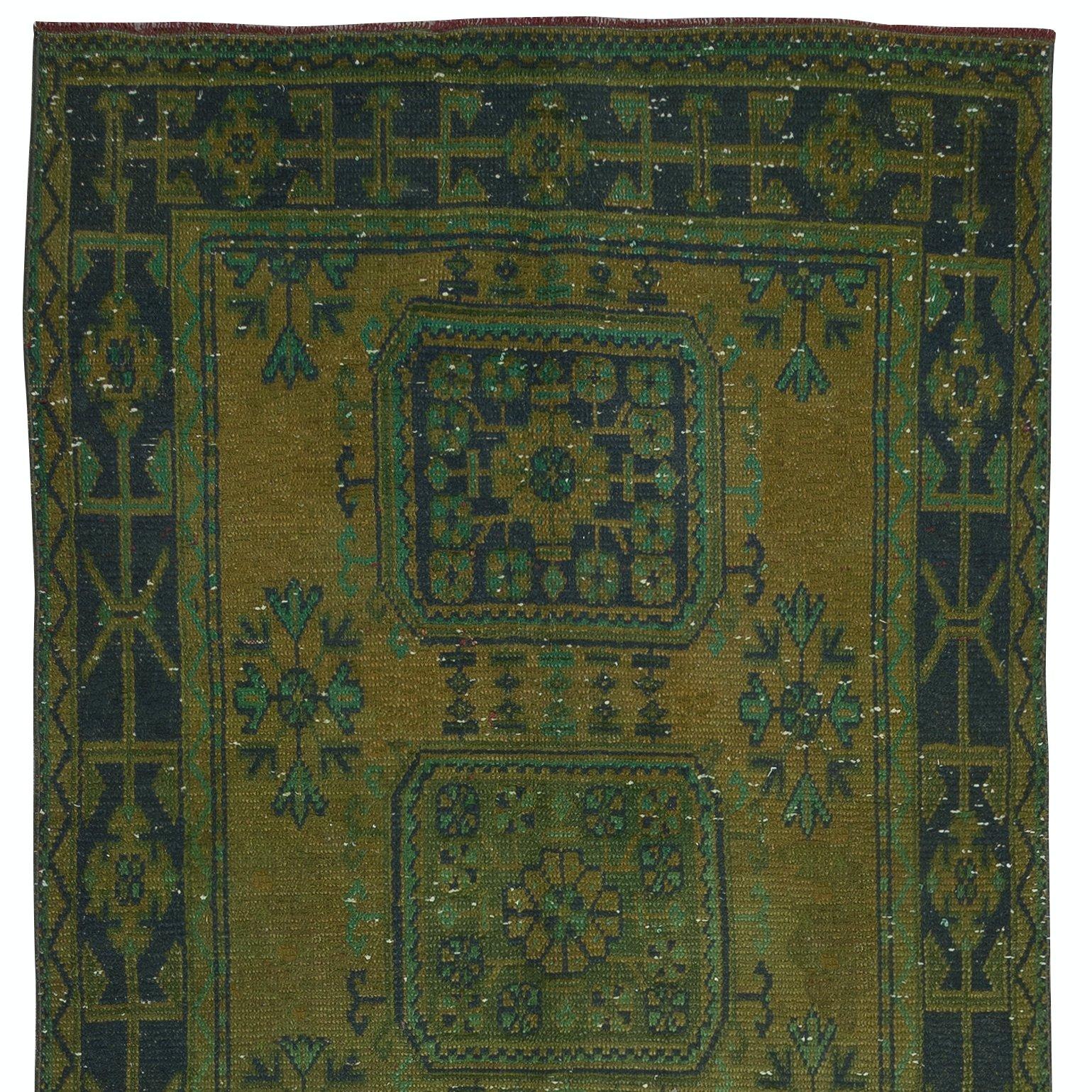 Hand-Knotted 4.6x11.3 Ft Hand Knotted Hallway Runner. Modern Turkish Corridor Rug in Green
