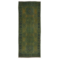 Vintage 4.6x11.3 Ft Hand Knotted Hallway Runner. Modern Turkish Corridor Rug in Green