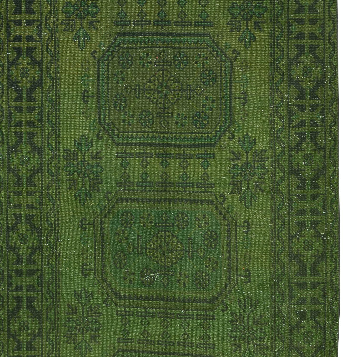20th Century 4.6x11.6 Ft Modern Green Corridor Carpet, Handmade Runner, Turkish Hallway Rug For Sale