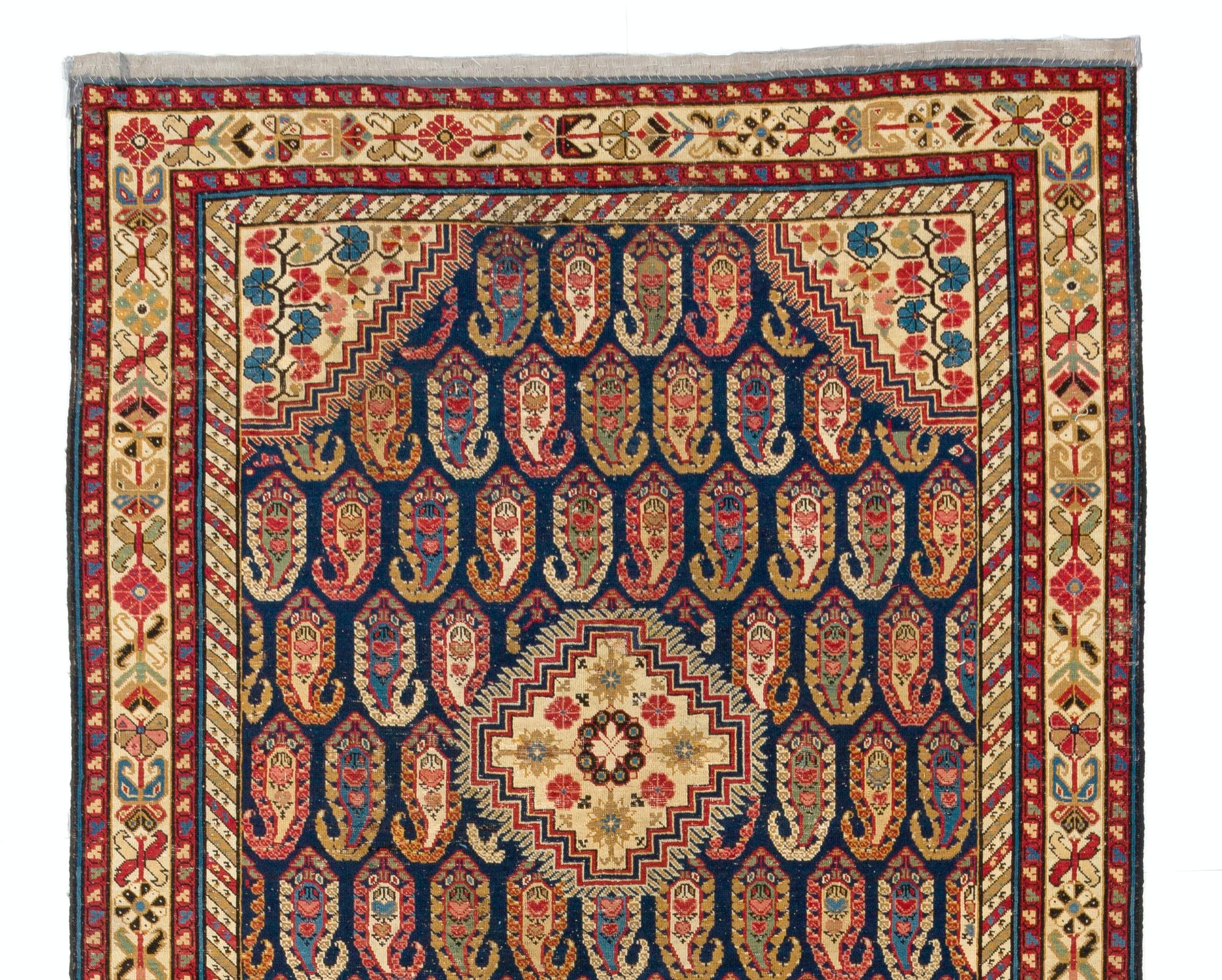 An early Caucasian Khila long rug in well preserved condition, circa 1800. Finely hand-knotted with even medium wool pile on cotton foundation. Very good condition. Sturdy and as clean as a brand new rug (deep washed professionally).
Size:4.6x12 ft