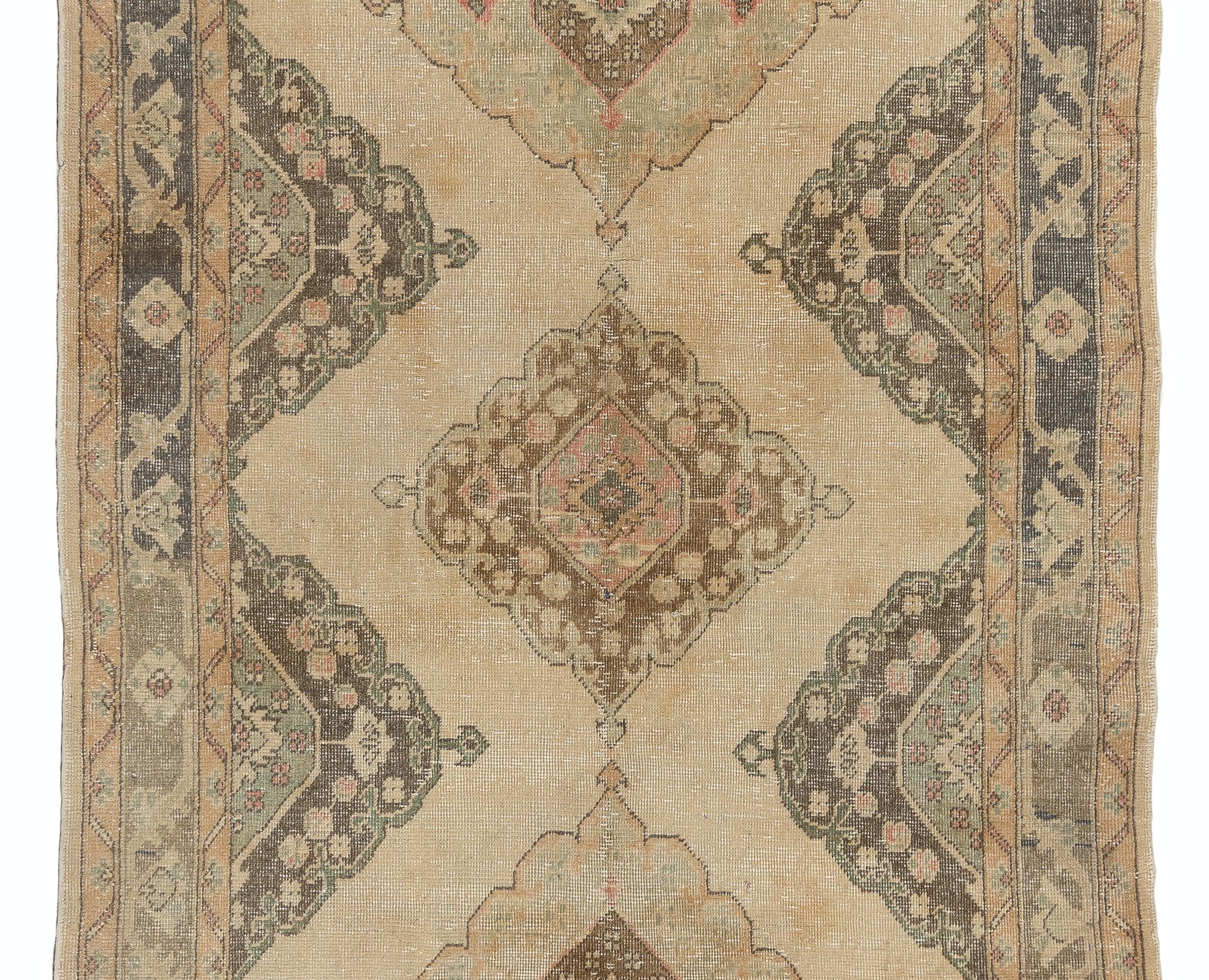 Hand-Knotted 4.6x12 Ft Vintage Turkish Oushak Runner Rug, Beige Handmade Wool Corridor Carpet