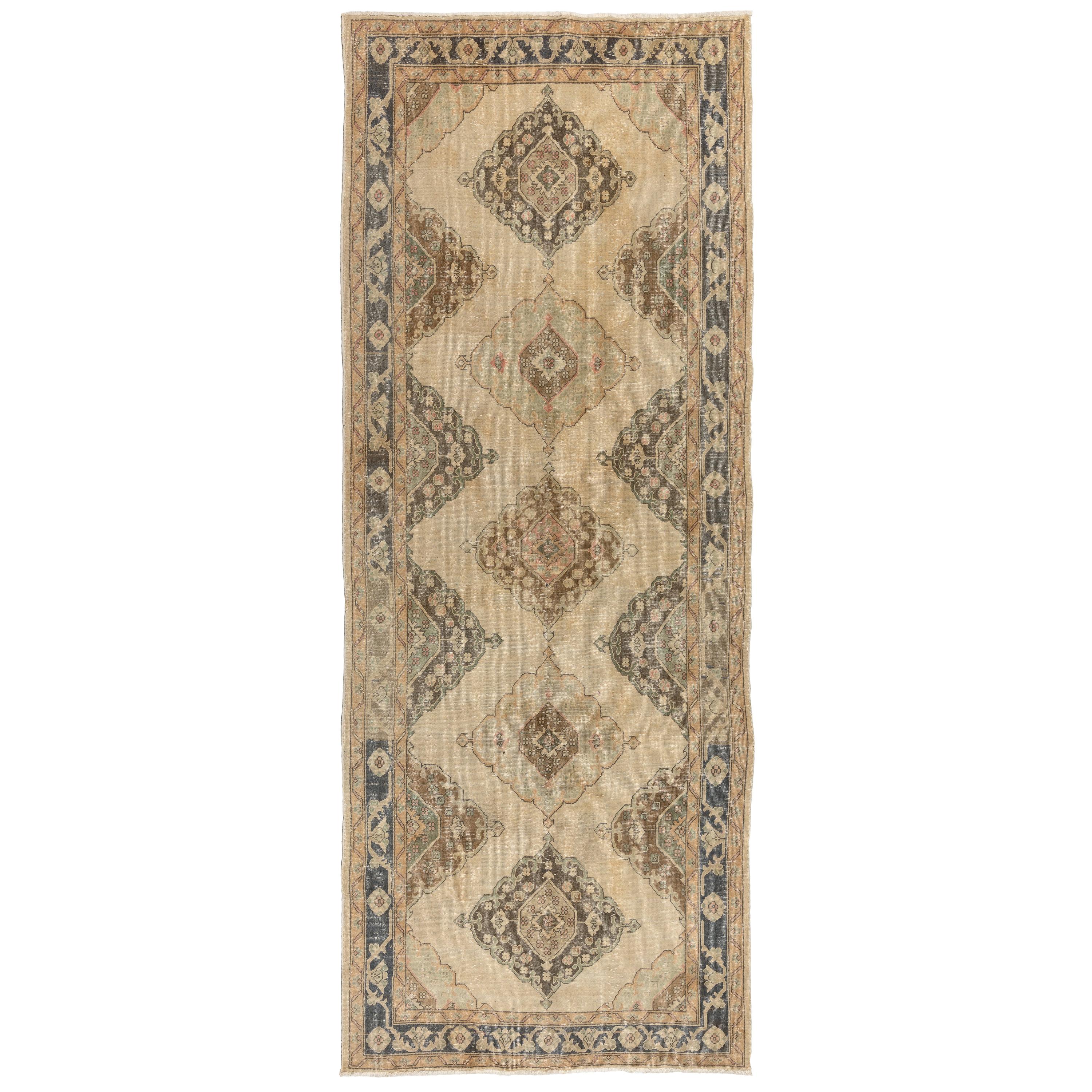 4.6x12 Ft Vintage Turkish Oushak Runner Rug, Beige Handmade Wool Corridor Carpet