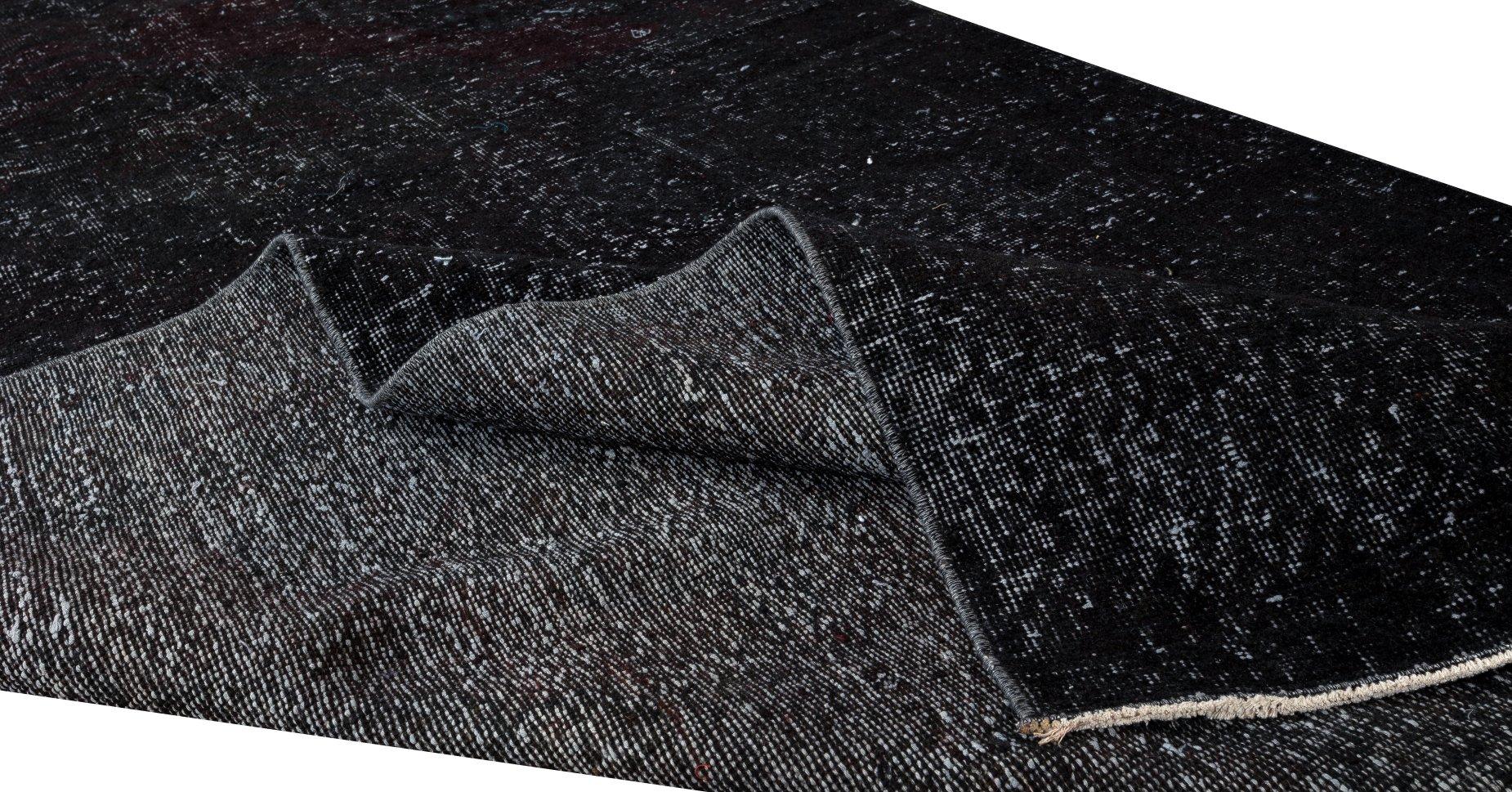 Modern 4.6x12.4 Ft Hand-Made Turkish Plain Wool Runner Rug, Solid Black Corridor Carpet