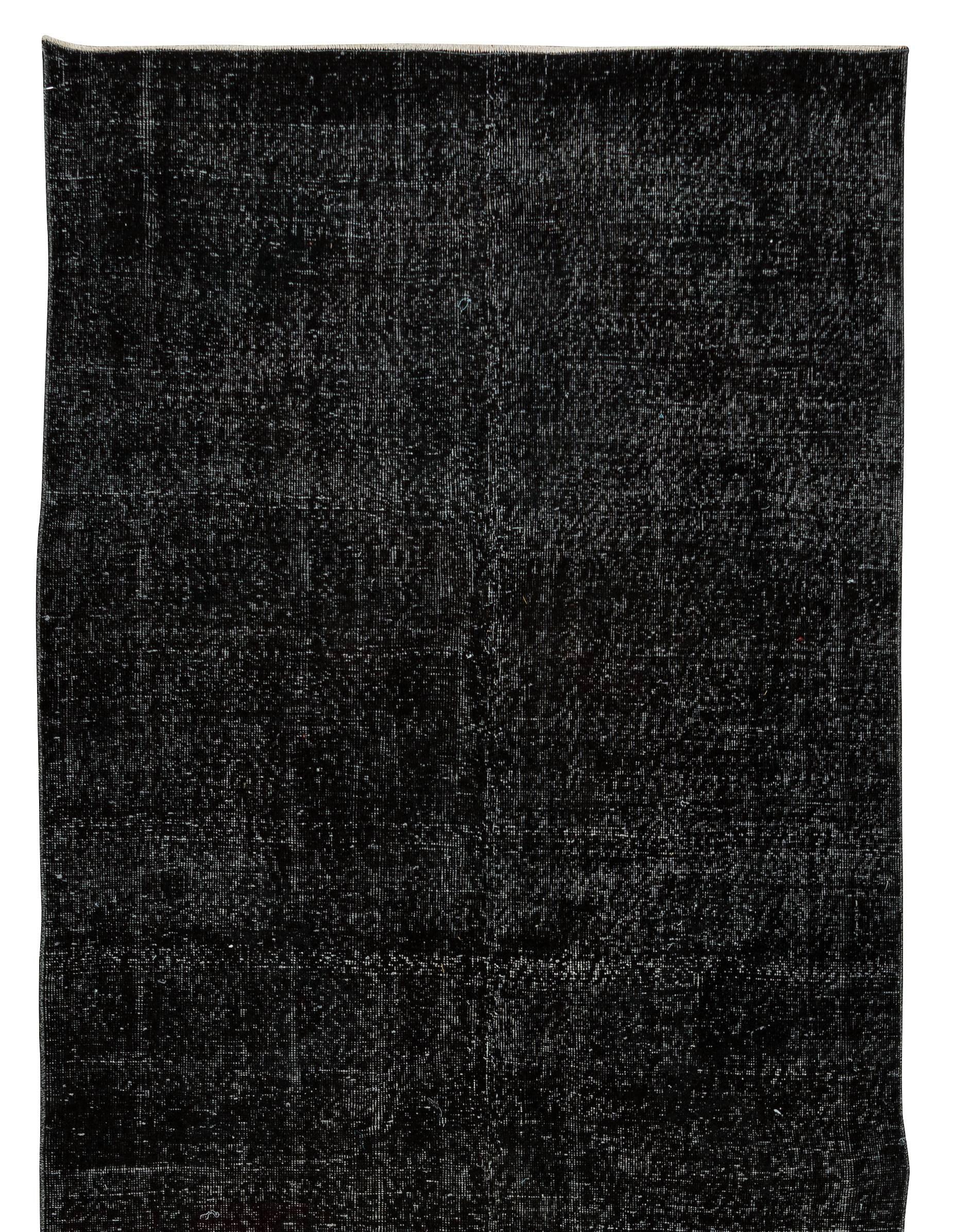 Hand-Woven 4.6x12.4 Ft Hand-Made Turkish Plain Wool Runner Rug, Solid Black Corridor Carpet