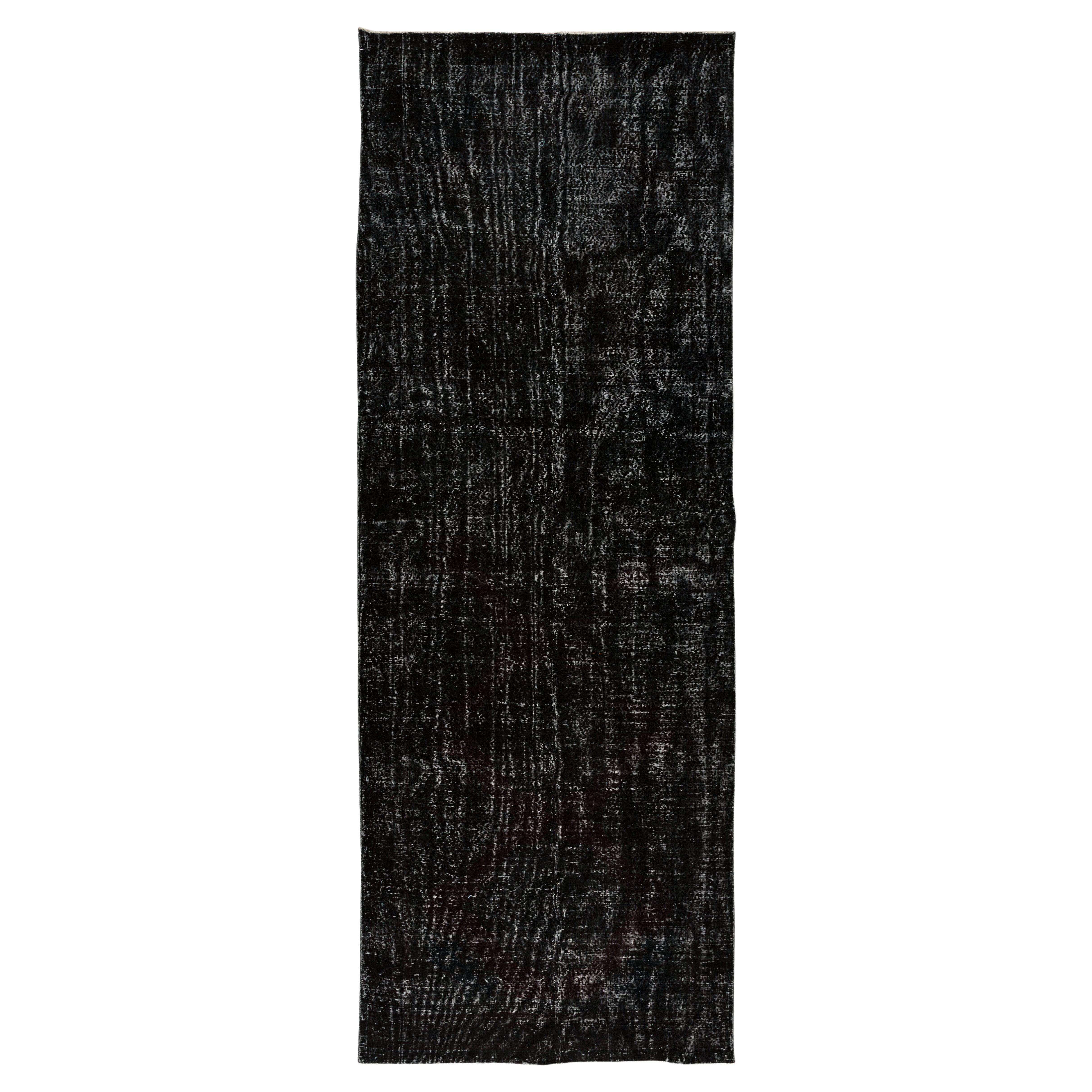 4.6x12.4 Ft Hand-Made Turkish Plain Wool Runner Rug, Solid Black Corridor Carpet