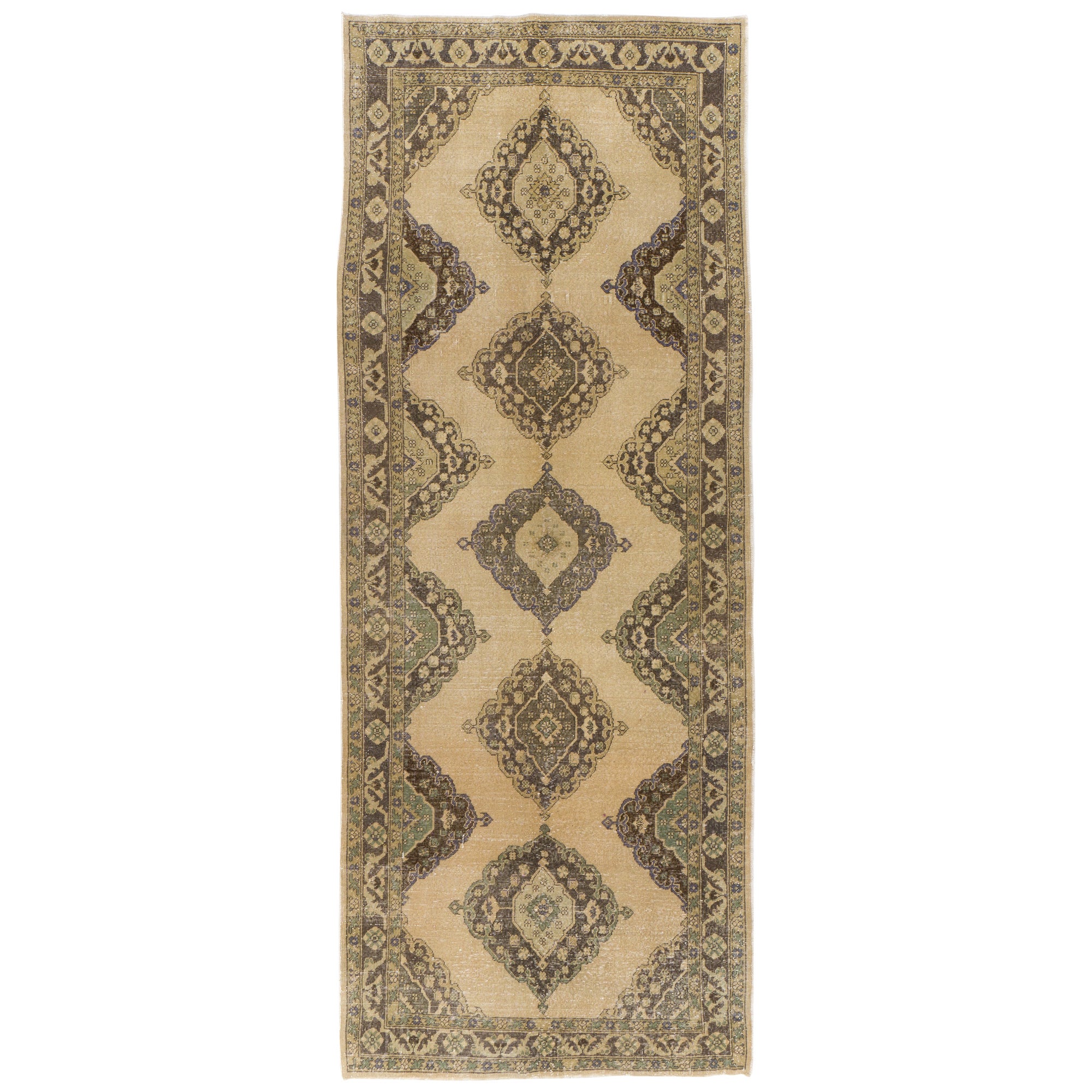 Tappeto vintage turco Oushak da 4,6x12,5 piedi in beige, ideale per l'arredamento del corridoio
