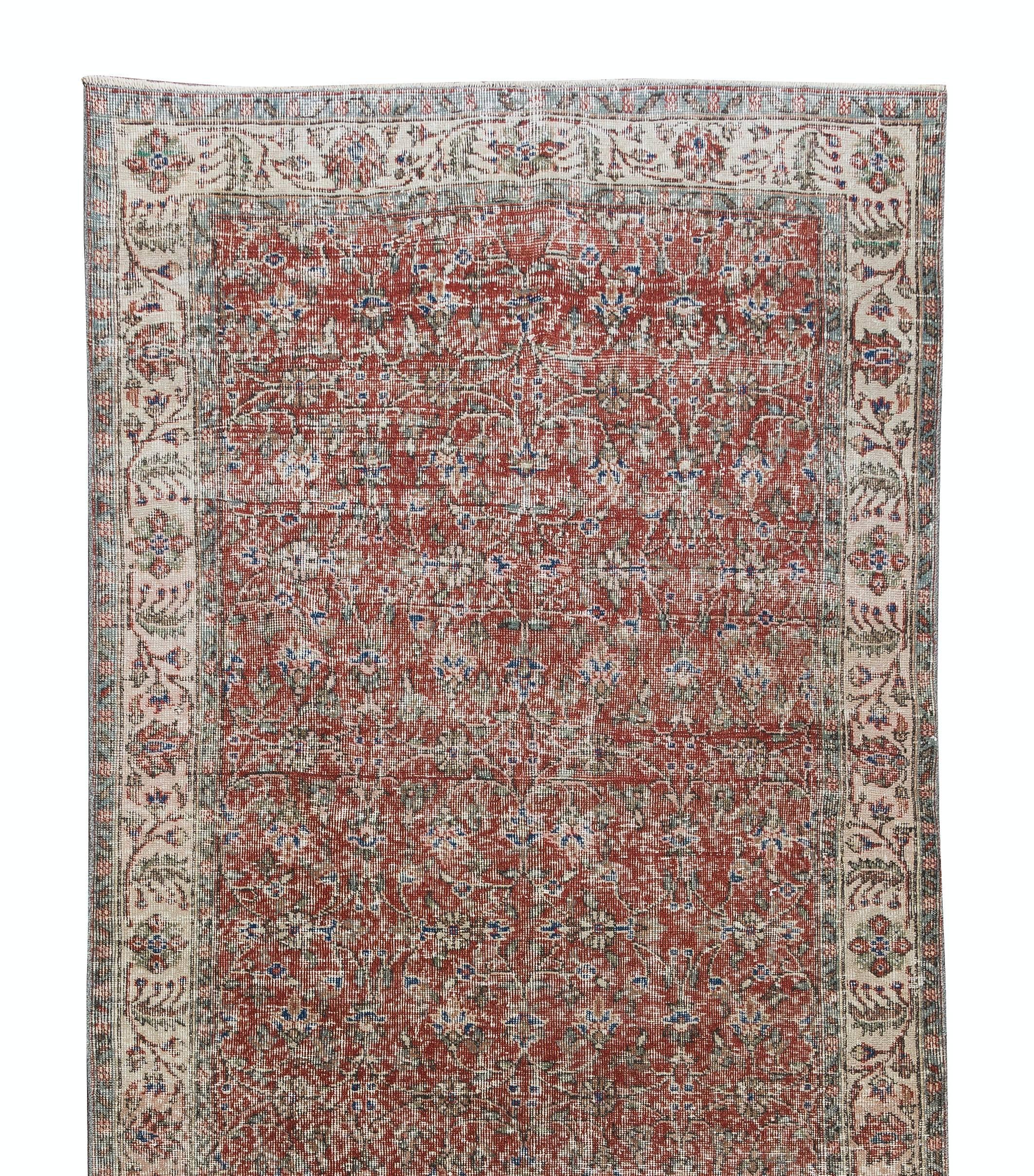 Hand-Woven 4.6x12.6 Ft Turkish Floral Pattern Runner. Vintage Hand Knotted Rug for Hallway For Sale