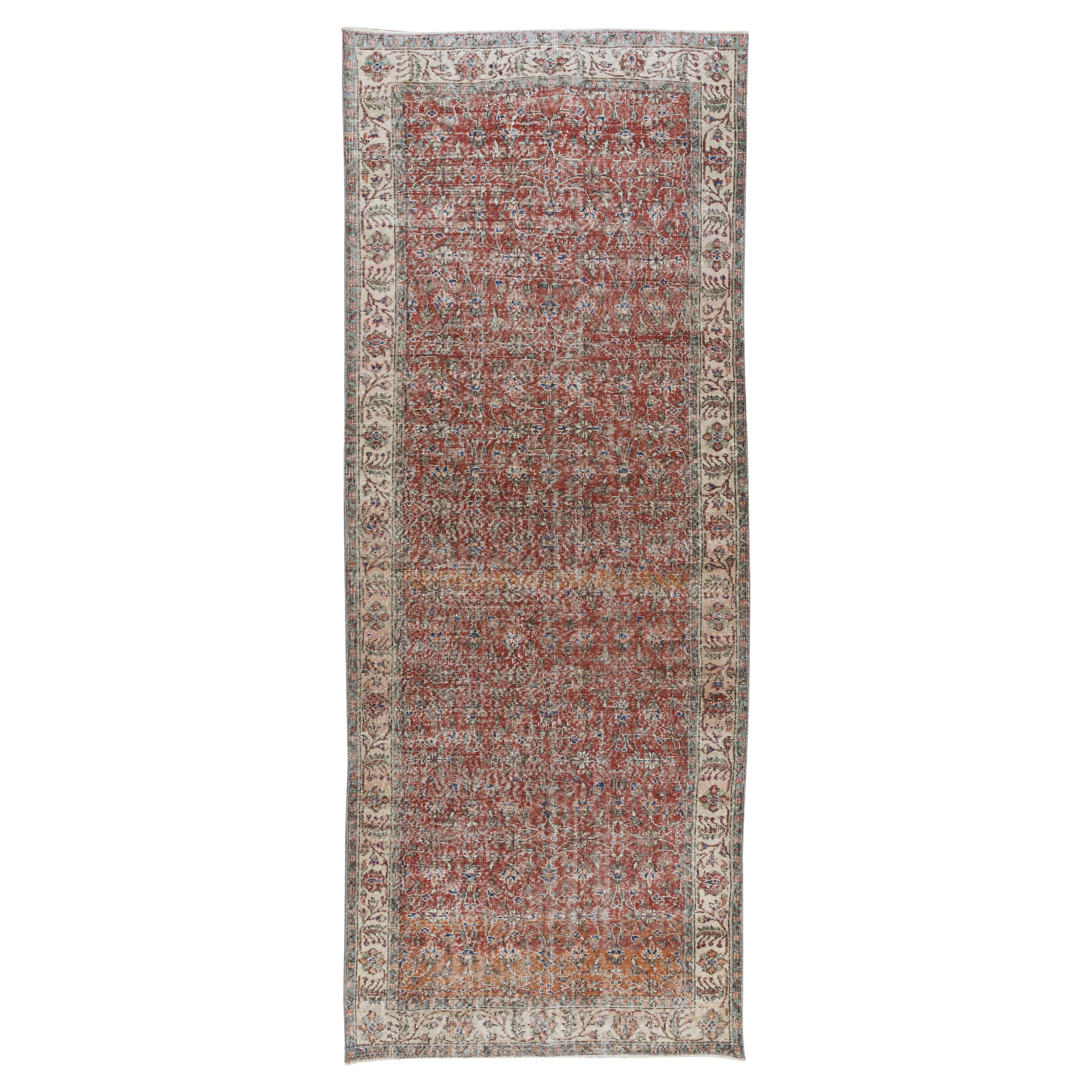 4,6x12.6 Ft Läufer mit türkischem Blumenmuster. Handgeknüpfter Vintage-Teppich für den Hausflur