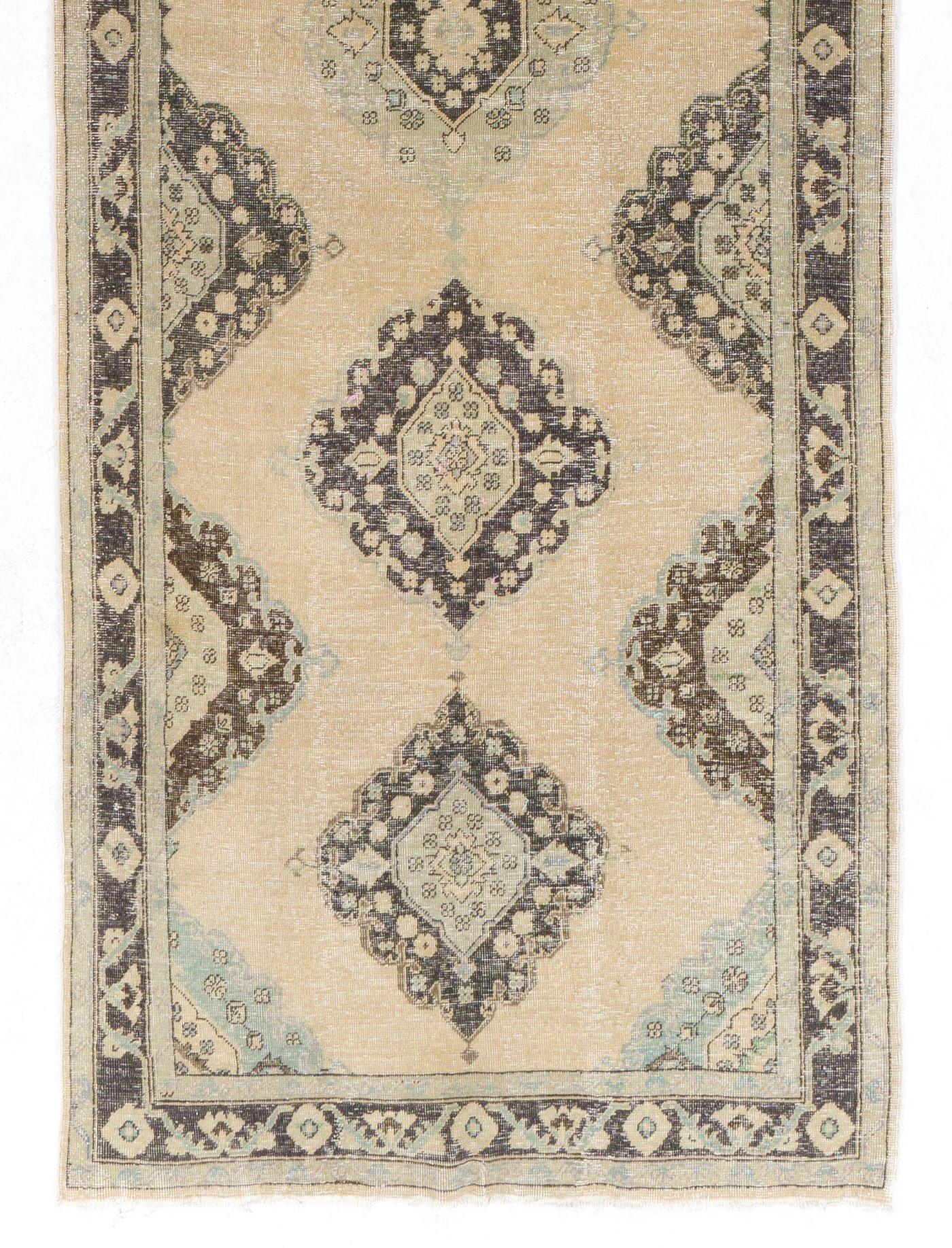 Turkish 4.6x12.7 Ft Vintage Anatolian Oushak Runner. Beige Handmade Carpet For Sale