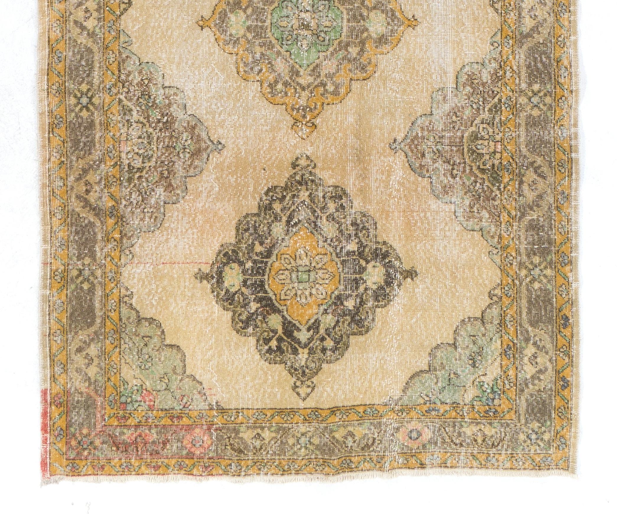 Hand-Knotted 4.6x13 Ft Mid-Century Shabby Chic Anatolian Oushak Runner Rug in Soft Colors For Sale