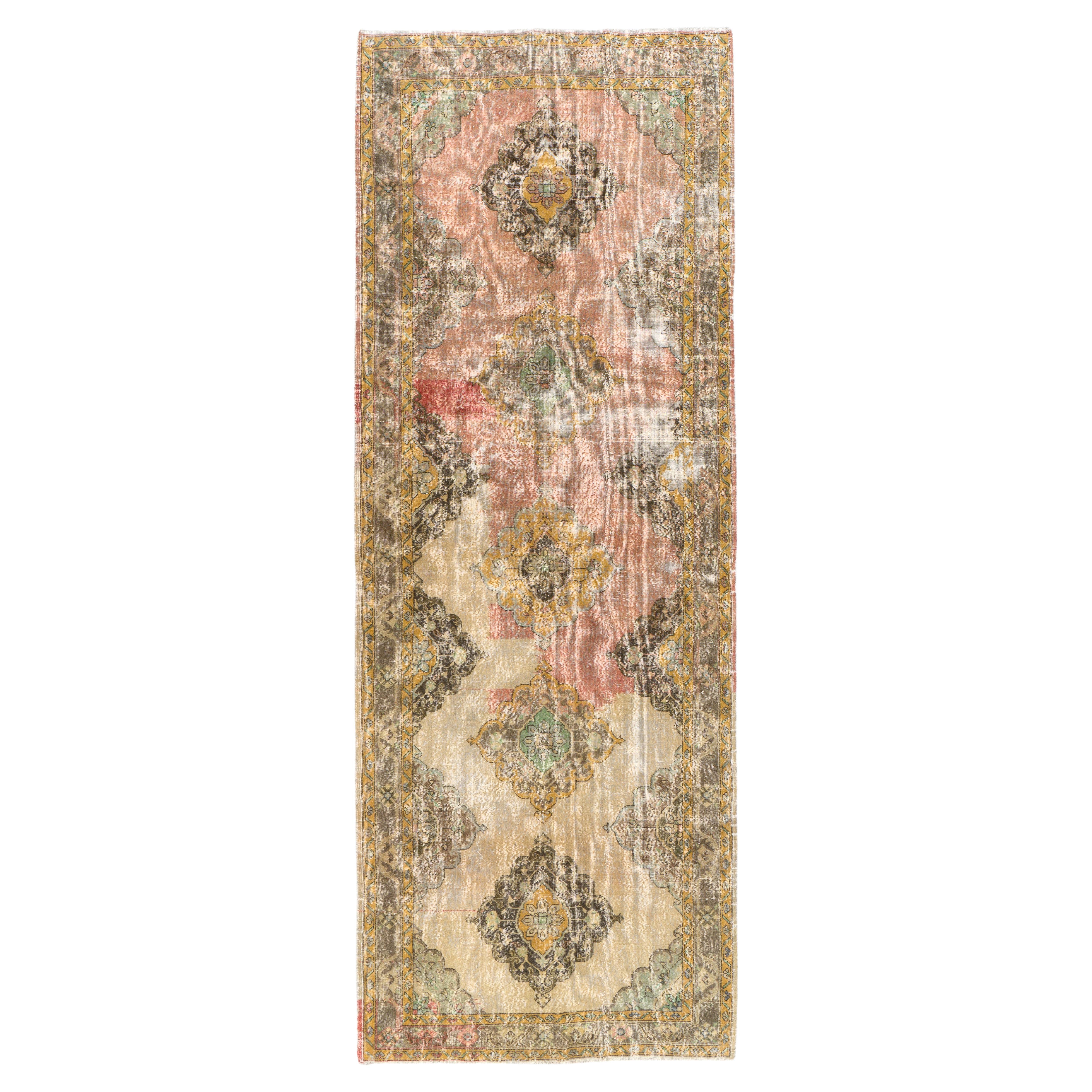 4.6x13 Ft Mid-Century Shabby Chic Anatolian Oushak Runner Rug in Soft Colors For Sale