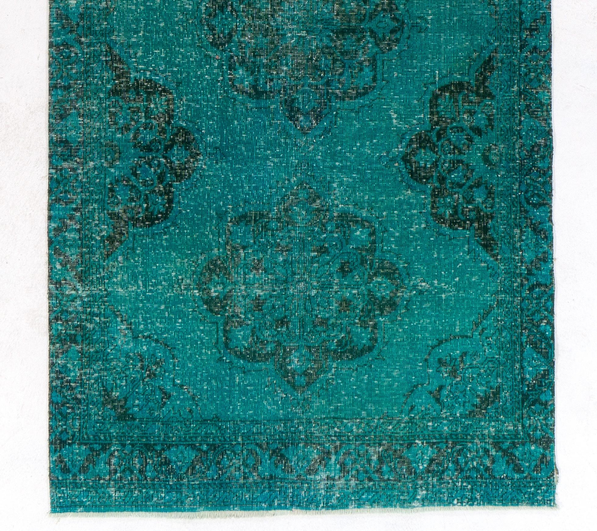Hand-Knotted 4.6x13 Ft Turkish Hallway Runner Rug in Teal Blue. Contemporary Corridor Carpet For Sale