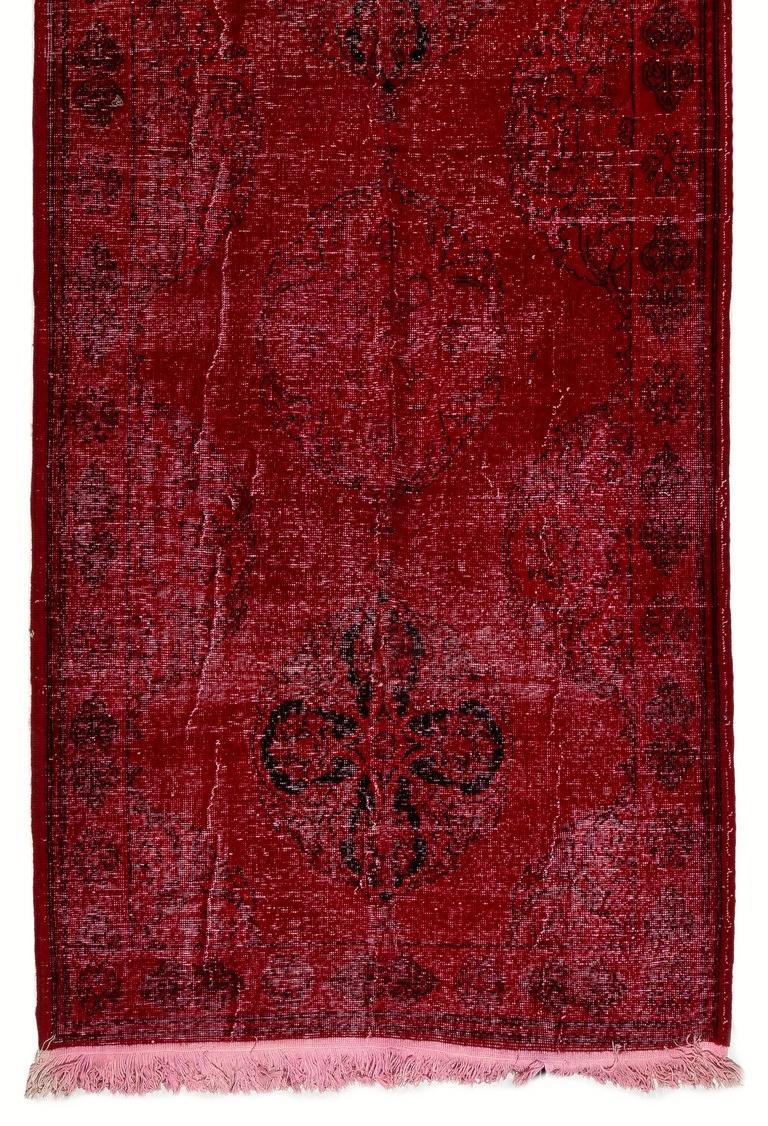 Modern 4.6x13.4 Ft Handmade Vintage Turkish Wool Runner Rug in Red for Hallway Decor For Sale