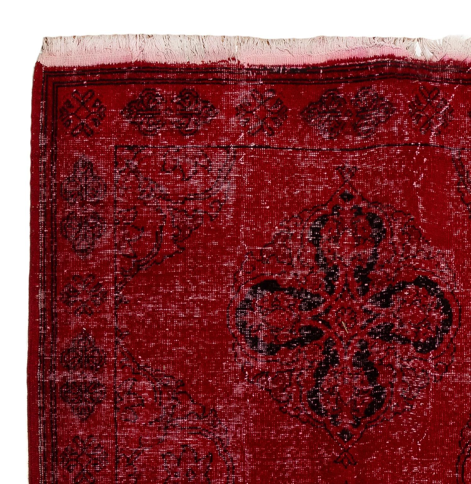 Hand-Woven 4.6x13.4 Ft Handmade Vintage Turkish Wool Runner Rug in Red for Hallway Decor