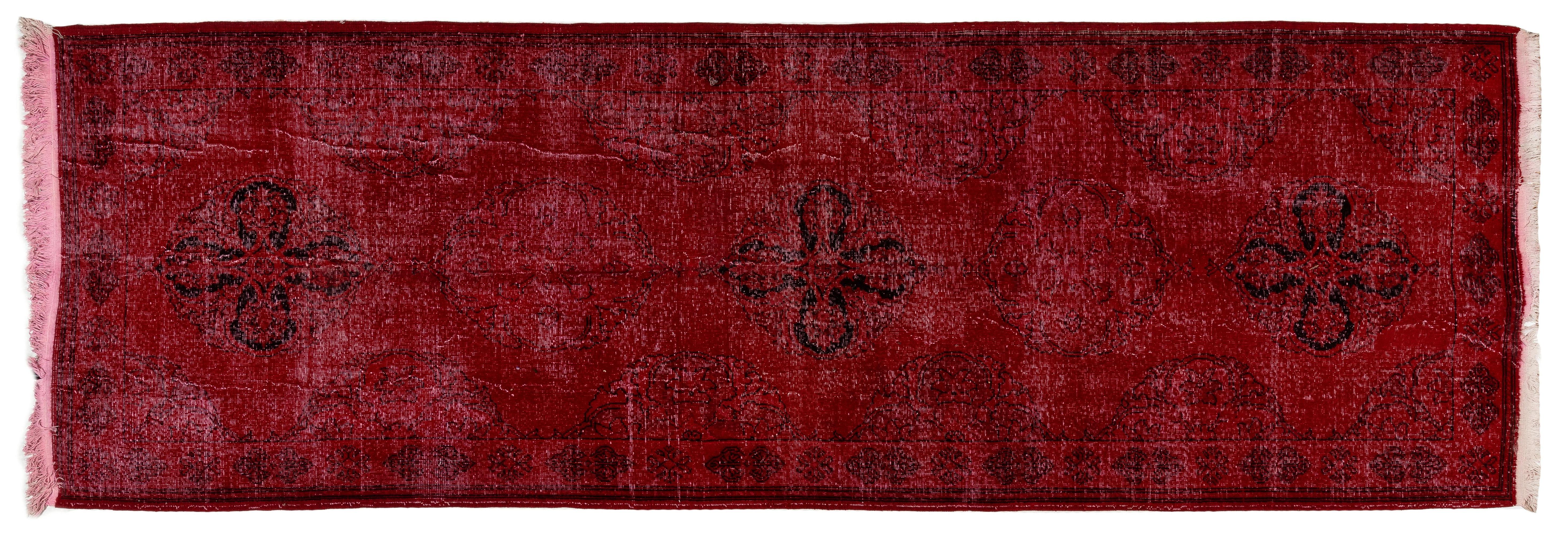 20th Century 4.6x13.4 Ft Handmade Vintage Turkish Wool Runner Rug in Red for Hallway Decor For Sale