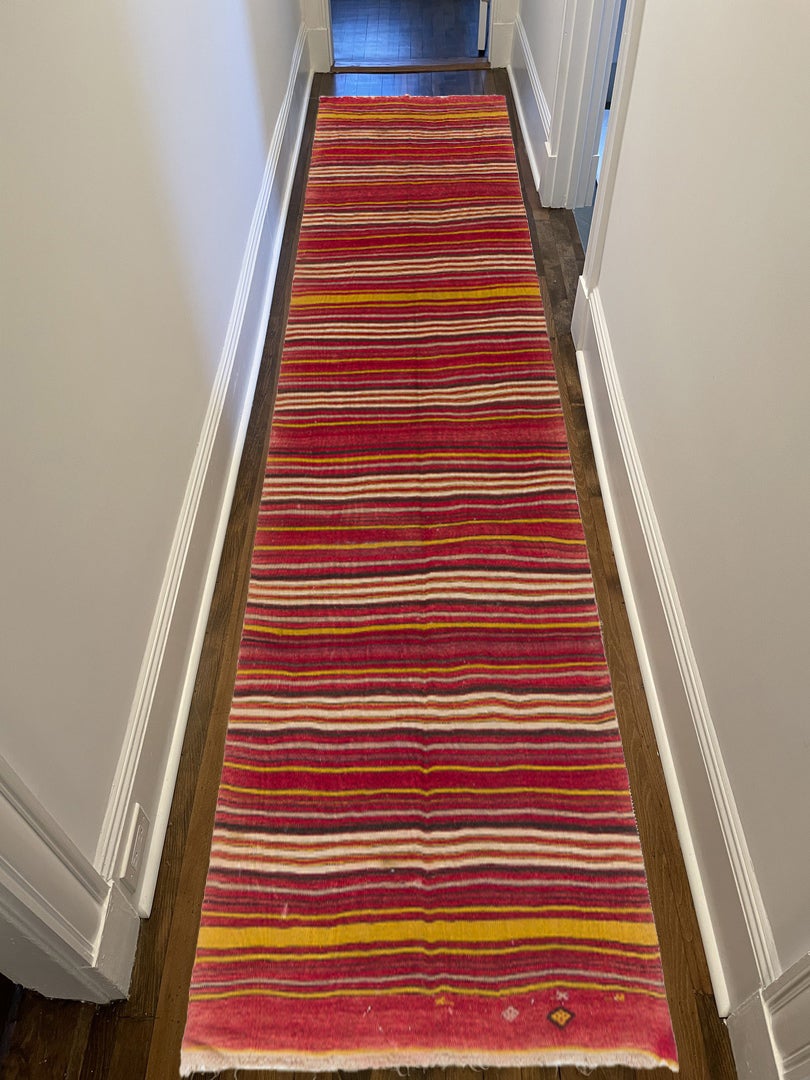 4.6x14.3 Ft Handmade Kilim Runner with Colorful Stripes. Vintage Red Hallway Rug