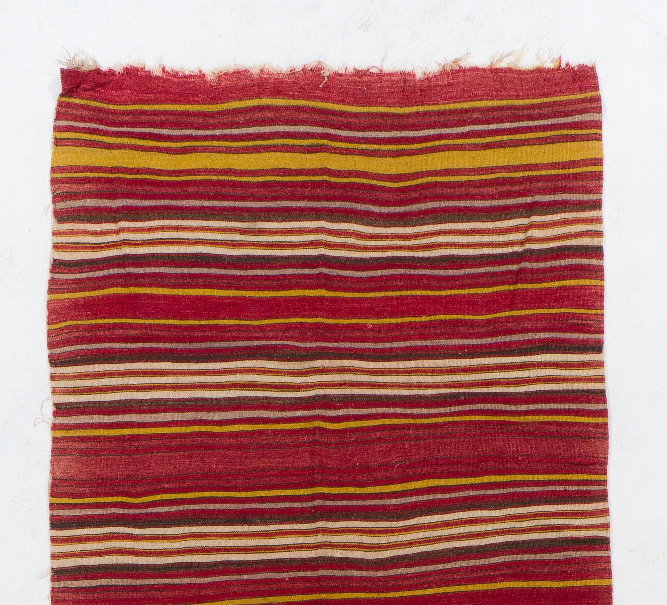 4.6x14.3 Ft Vintage Hand-Woven Turkish Kilim Runner in Red with Colorful Stripes In Good Condition For Sale In Philadelphia, PA