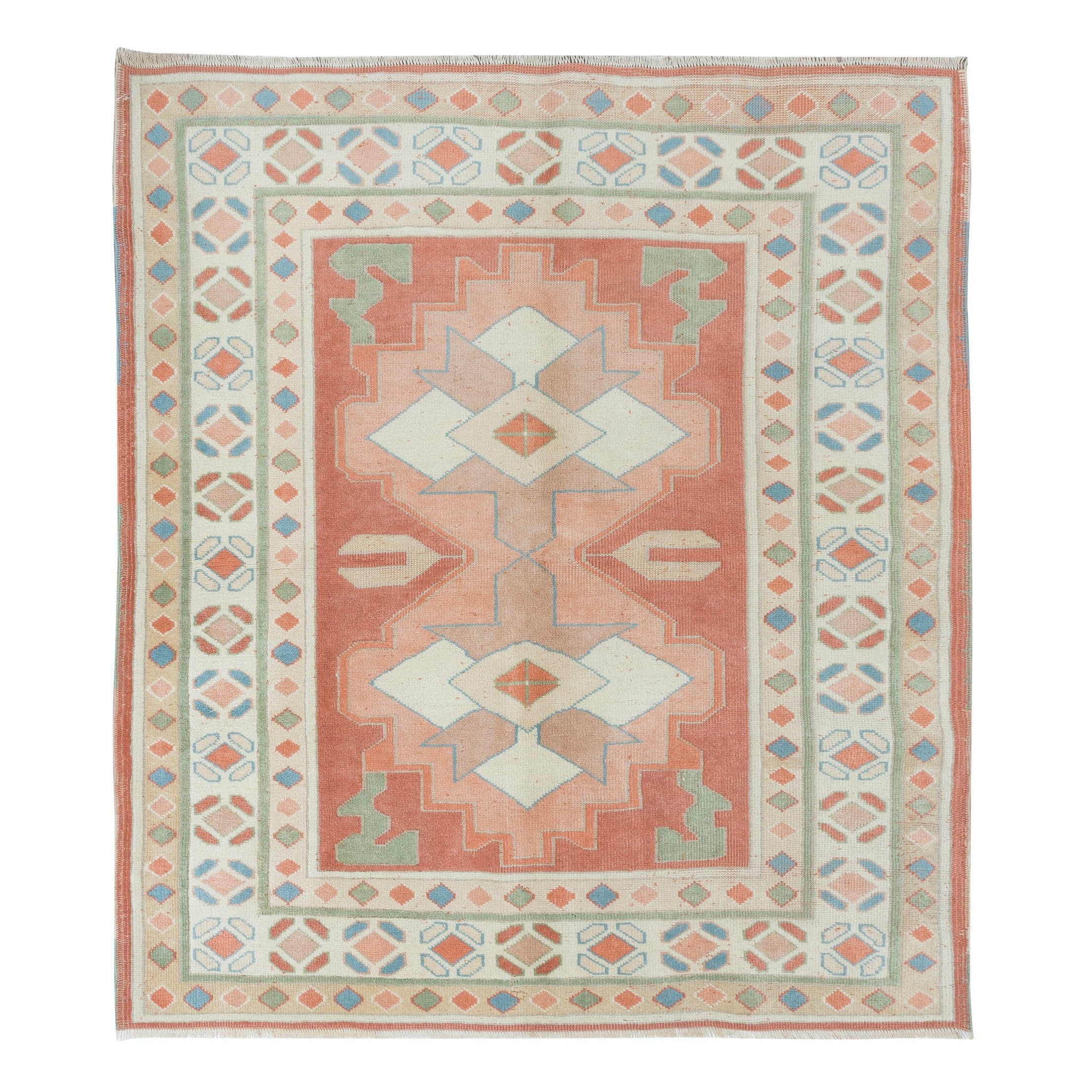 4.6x5.2 Ft Traditional Turkish Rug in Red & Beige, Vintage Handmade Wool Carpet (tapis de laine vintage fait à la main)