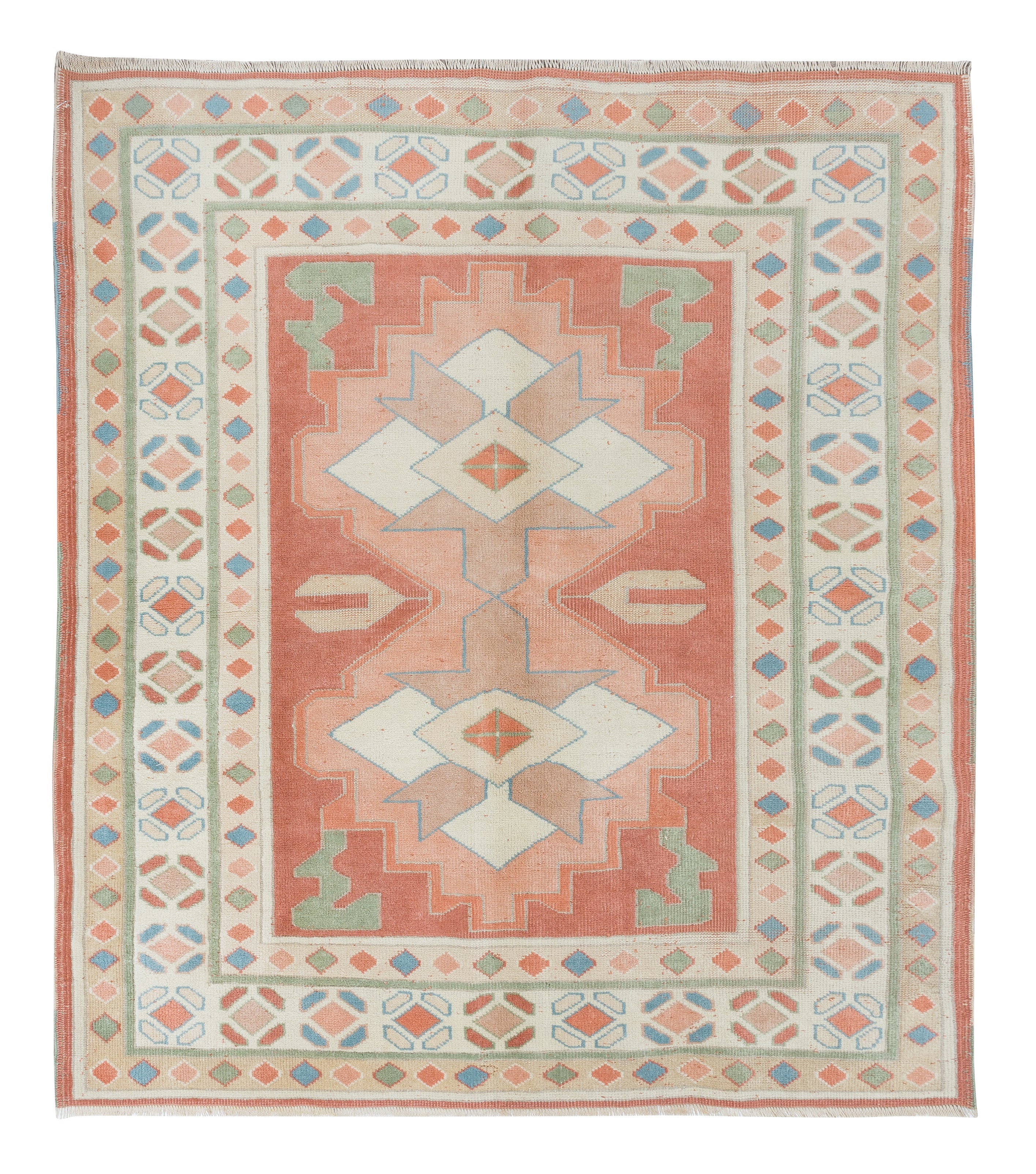 4.6x5.2 Ft Vintage Turkish Accent Rug, Pastel Geometric Pattern, 100% Wool