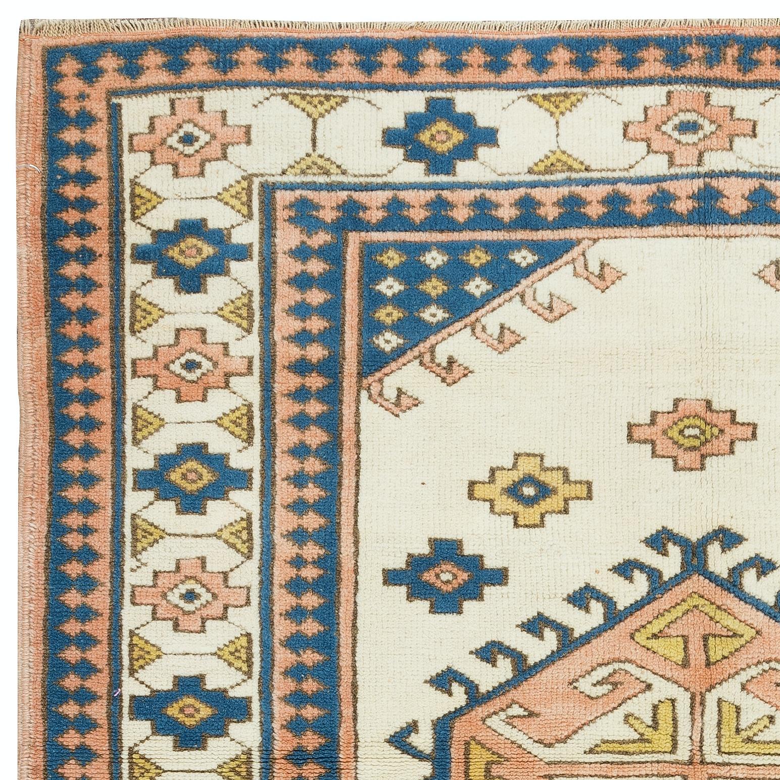 4.6x5.3 Ft Moderner türkischer Wollteppich, Contemporary Geometric Hand-Knotted Carpet (Türkisch) im Angebot