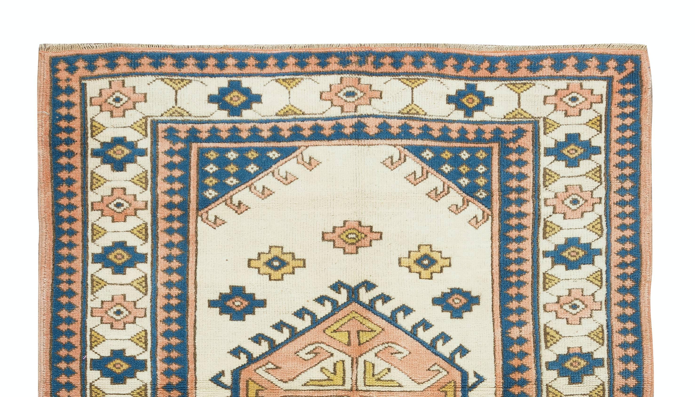 4,6x5.3 Ft Vintage Türkischer Wollteppich, einzigartiger handgeknüpfter Teppich (Handgeknüpft) im Angebot
