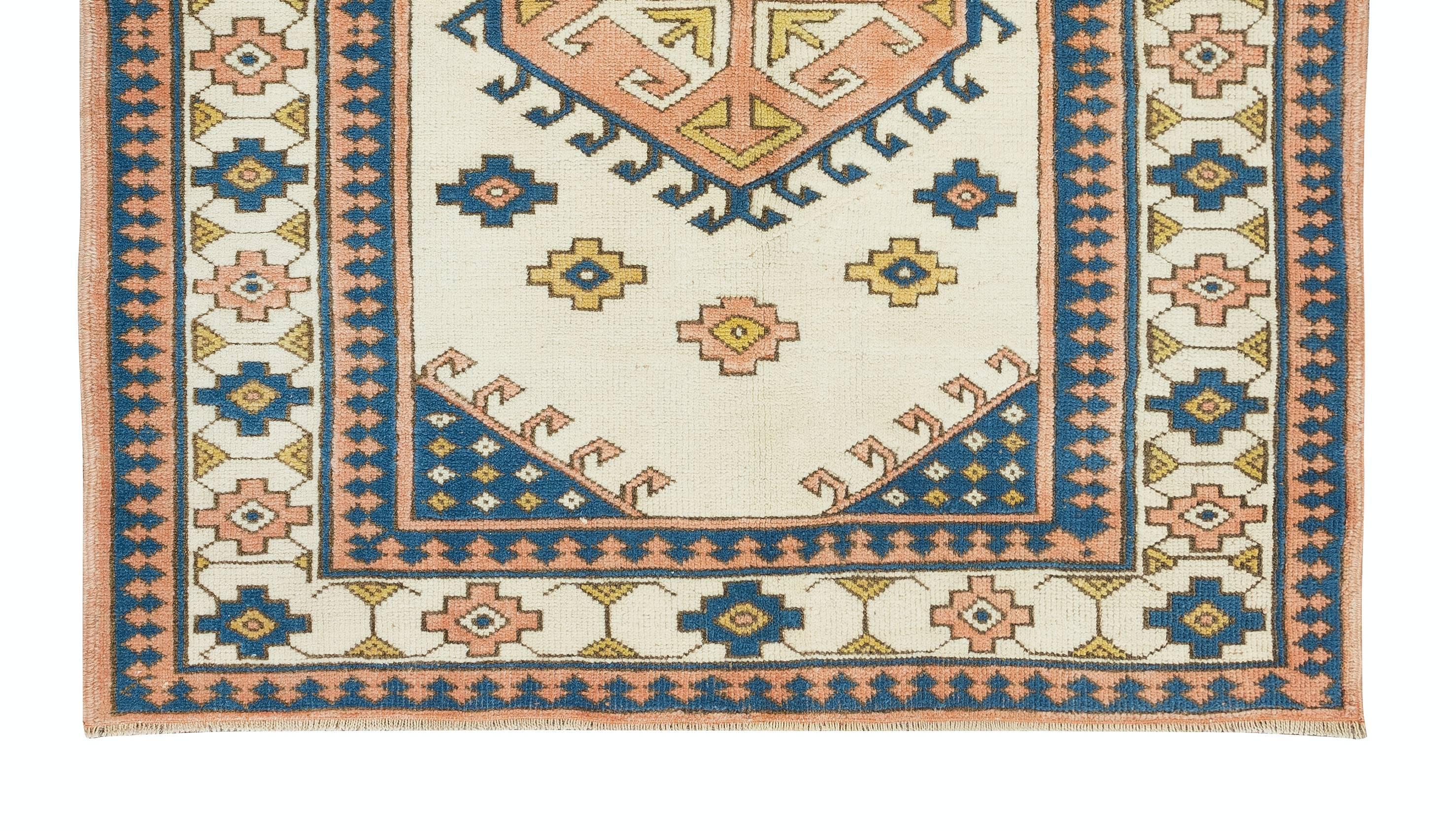 Vintage Turkish Wool Rug, One of a Kind Geometric Hand Knotted Carpet In Good Condition For Sale In Philadelphia, PA