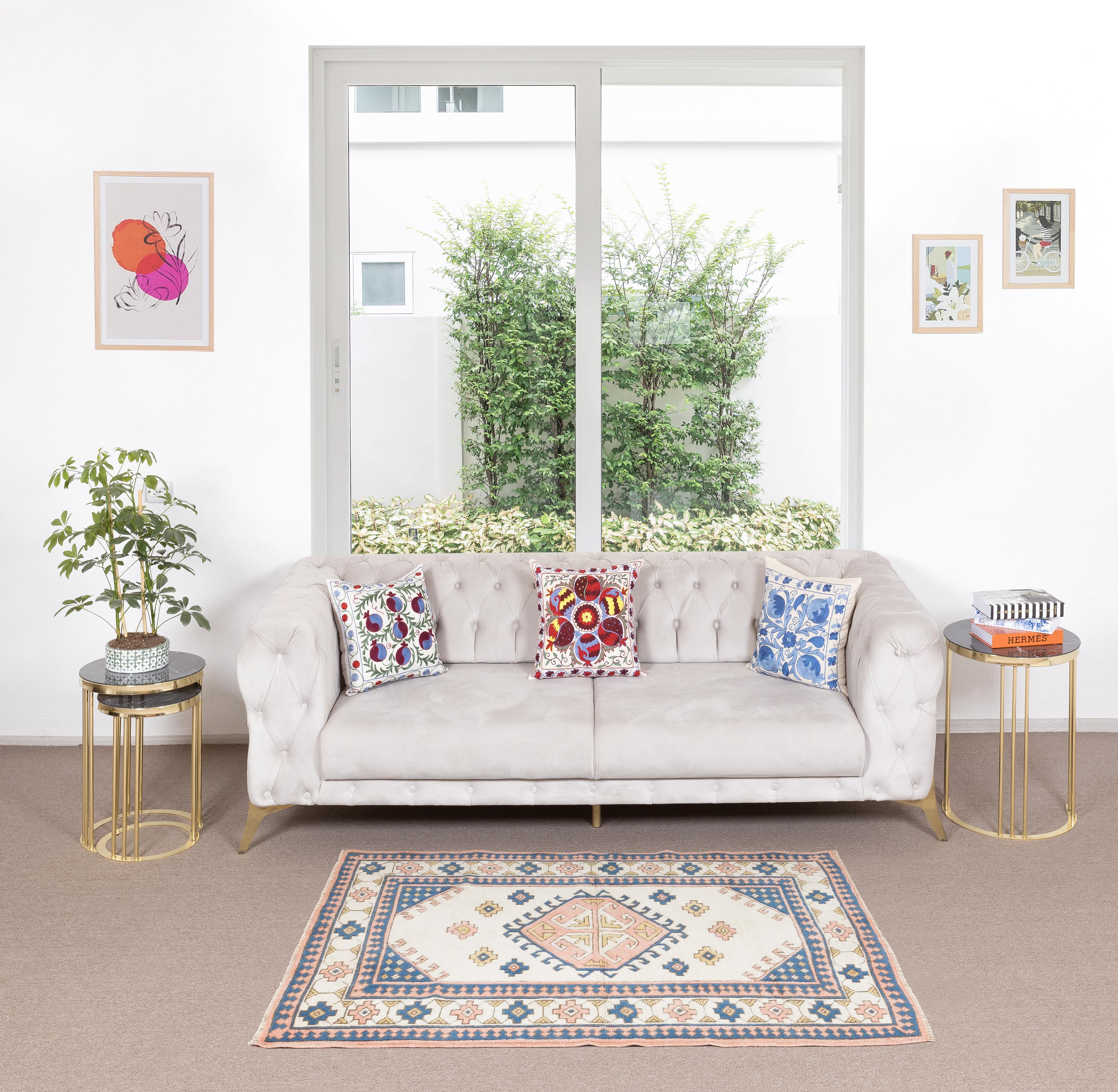 4.6x5.3 Ft Moderner türkischer Wollteppich, Contemporary Geometric Hand-Knotted Carpet im Zustand „Hervorragend“ im Angebot in Spring Valley, NY