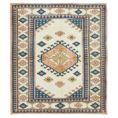 4.6x5.3 Ft Vintage Turkish Wool Rug, One of a Kind Geometric Hand Knotted Carpet (tapis géométrique noué à la main)