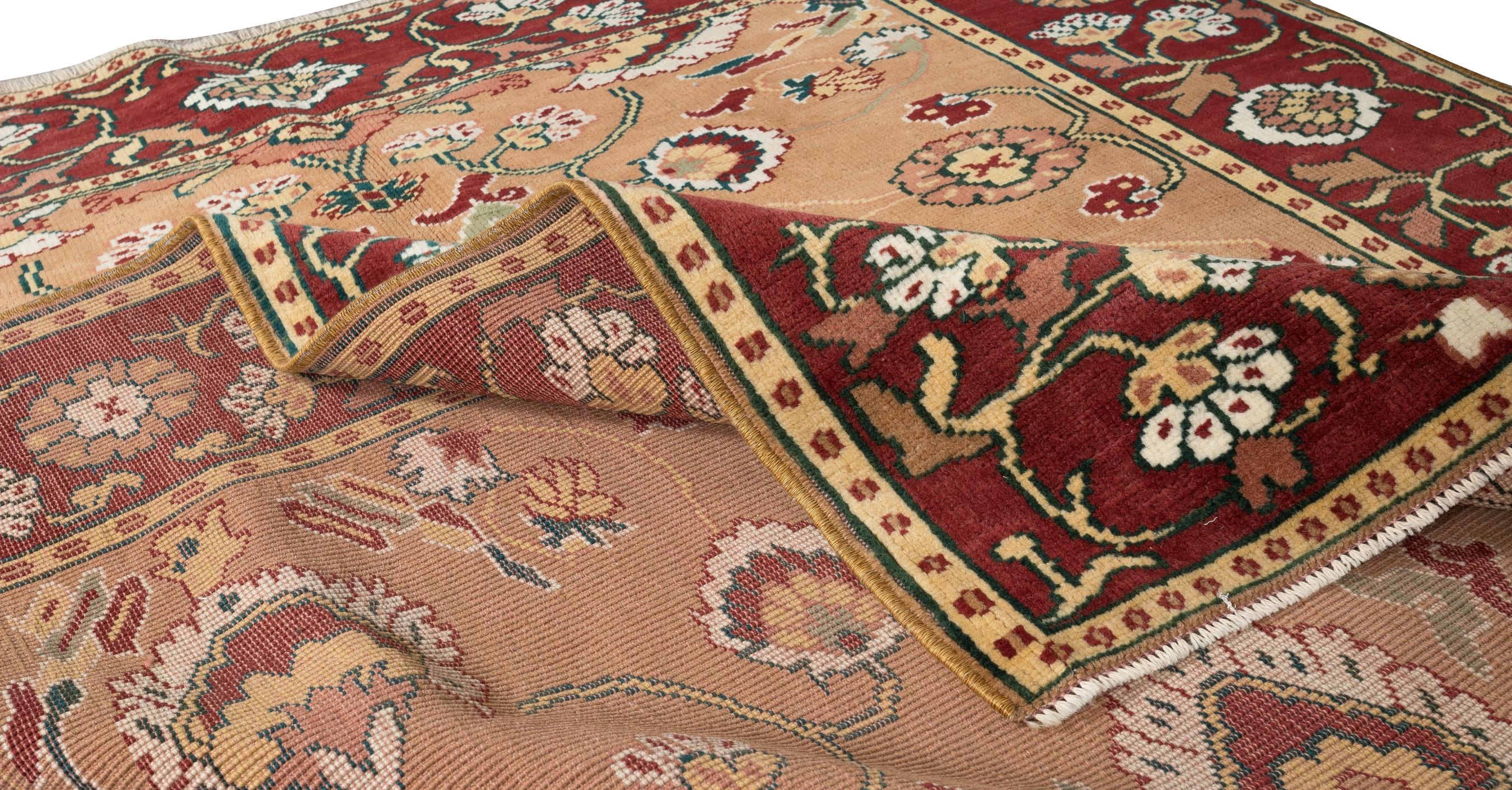 Rustic 4.6x5.5 Ft Vintage Turkish Rug with Floral Design, One of a Kind Handmade Carpet For Sale