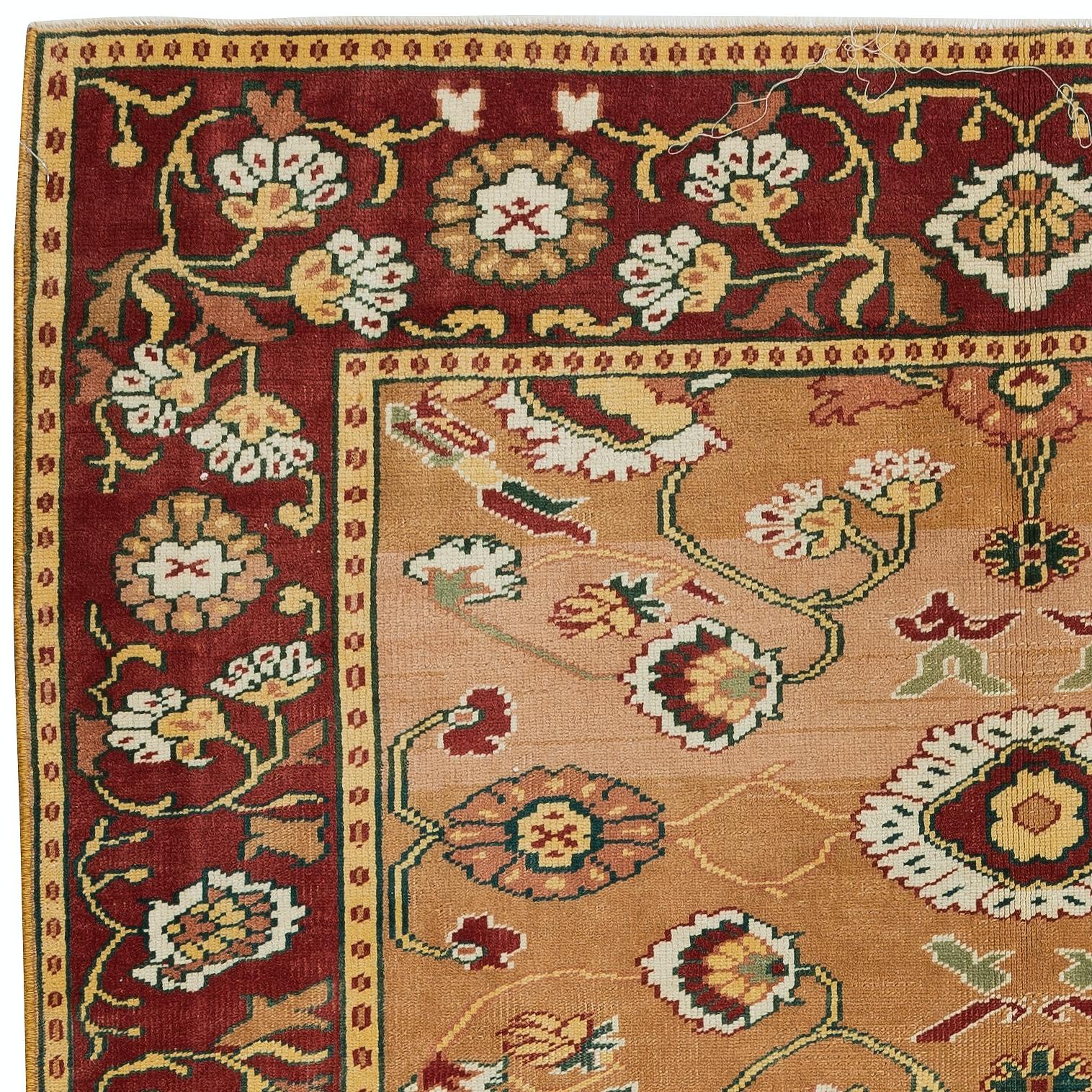 Hand-Woven 4.6x5.5 Ft Vintage Turkish Rug with Floral Design, One of a Kind Handmade Carpet For Sale