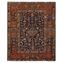 4'6 "x5'6" Azul Antiguo Persa Heriz Lana Anudada a Mano Alfombra Oriental Desgastada
