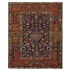 Tappeto orientale in pura lana, annodato a mano, modello Serapi blu antico, con usura uniforme, 4'6" x 5'6"